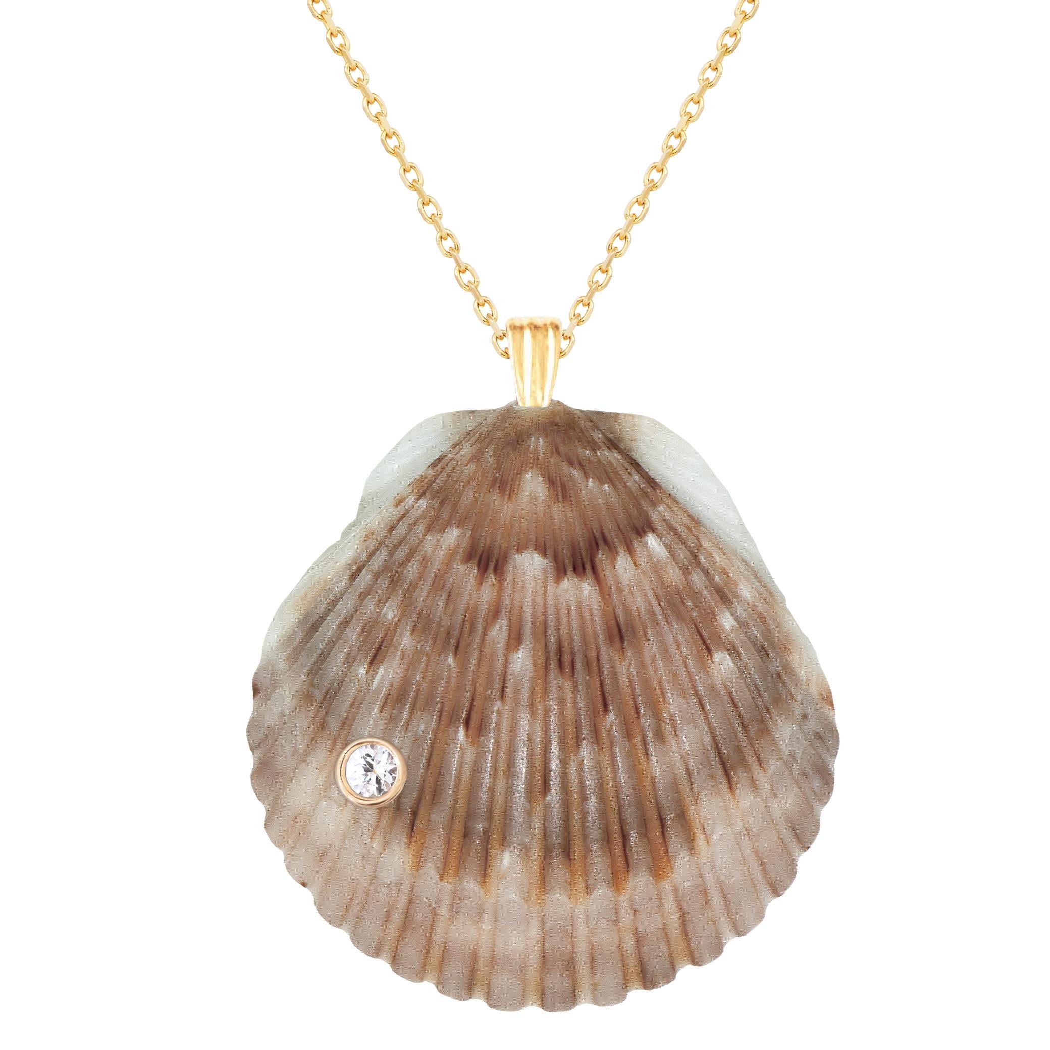 Natural shell pendant with solid 14k gold findings and natural white sapphire gemstone. Wear this pendant alone or layer it with other gold chains for a beautiful layered effect.  

Order includes one shell pendant, exactly as depicted in primary