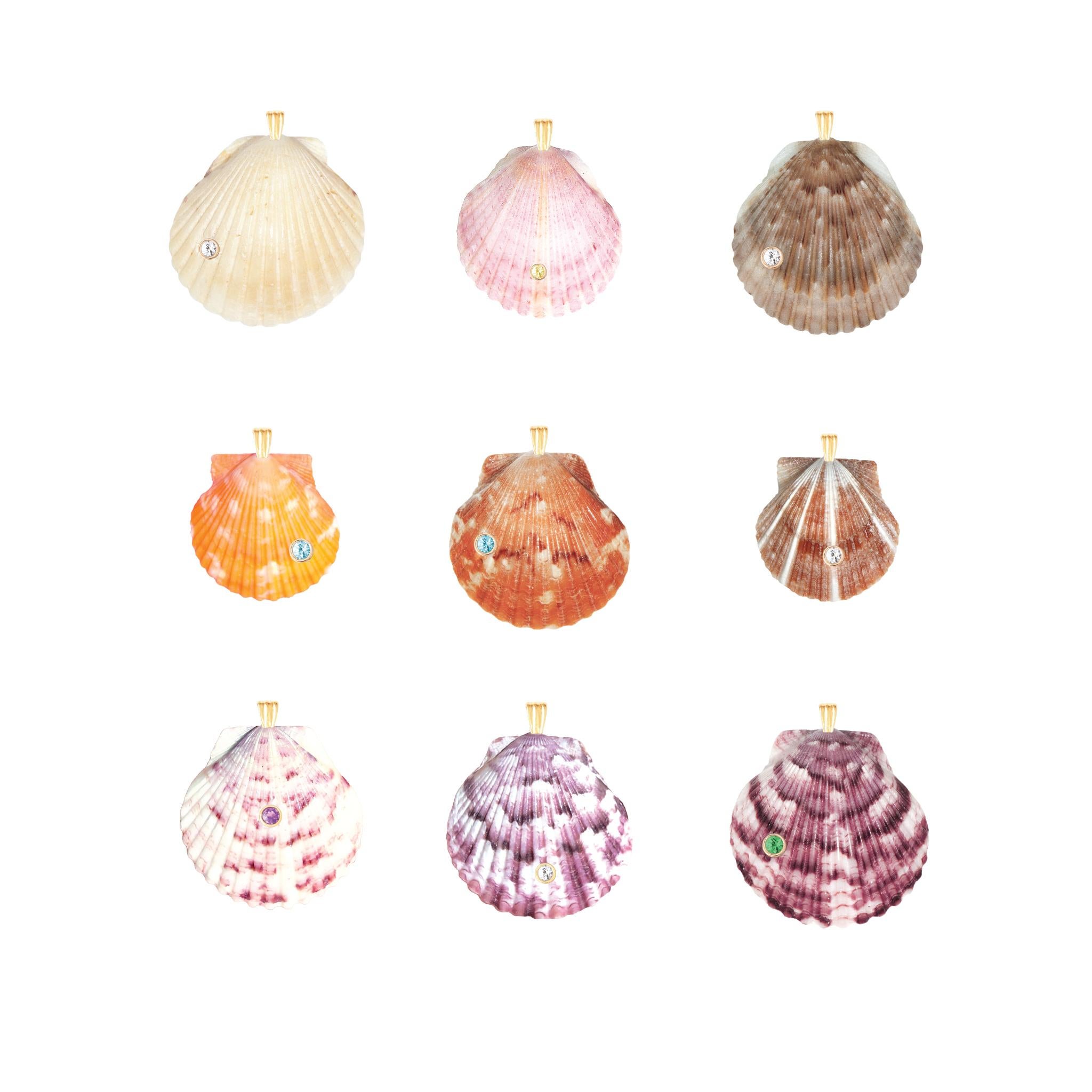 Moderne Pendentif en or 14k avec saphir blanc naturel et coquillage de Whiting en vente