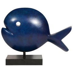 Rémi Pesce, Volume Sculpture Poisson Bleu, Bronze, Signé et Numéroté 7/8