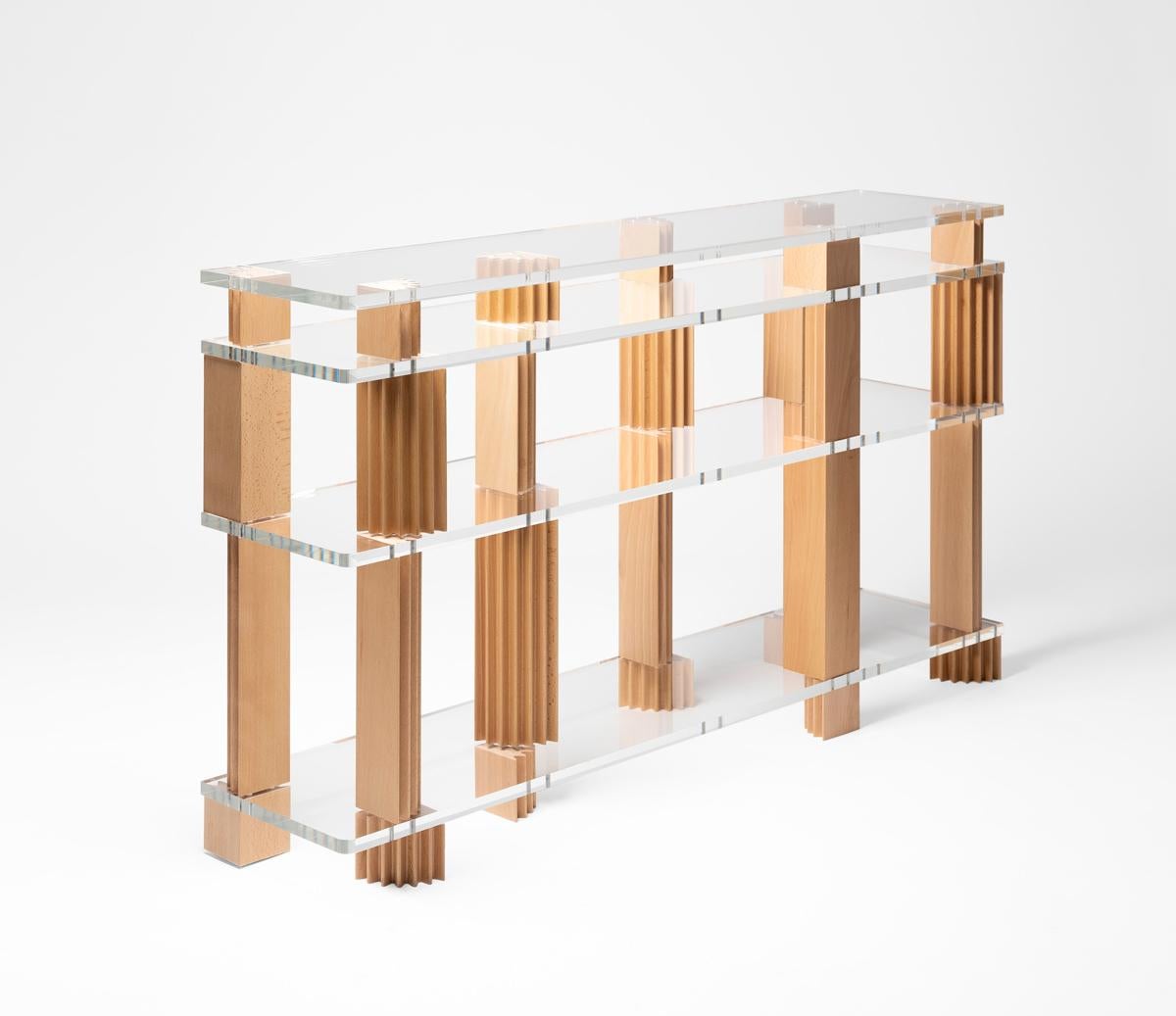REmix vol 5. bookshelf, Limited Edition by Belén Moneo
Limited to 3 Units
Dimensions: 150 x 37 x H 150 cm
Materials: Varnished beech wood columns. Transparent methacrylate shelves.

Moneo Brock presents a new edition to the REmix project (vol.5)
