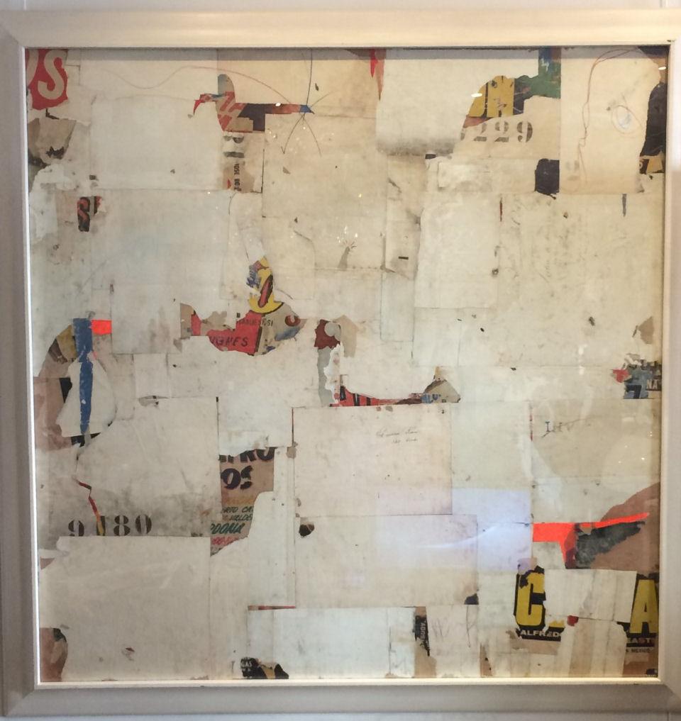 Collage on board; 1940s Spanish film posters and 19th century French papers.
Griffith depicts the passage of time by layering his aterials – fragile ephemera marked by age. His work has echoes of archival art and Mimmo Rotella; rare documents,