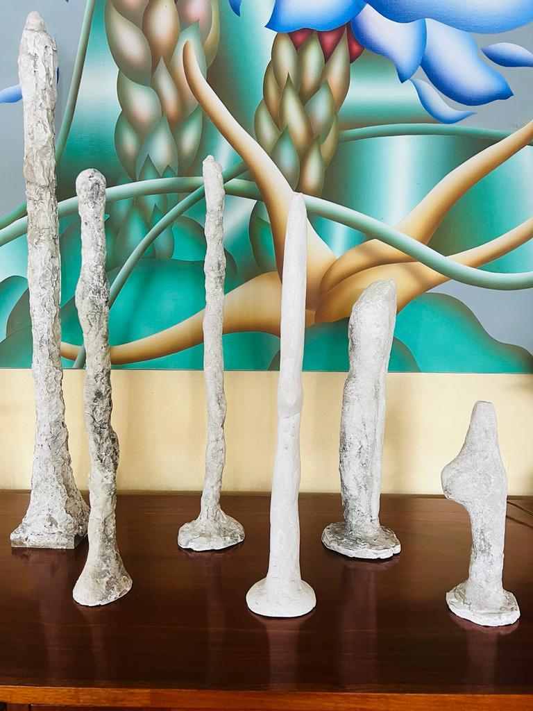 Brazilian Remo Bernucci 1970 set of 9 totens in plaster and wood polychrome sculpture. For Sale