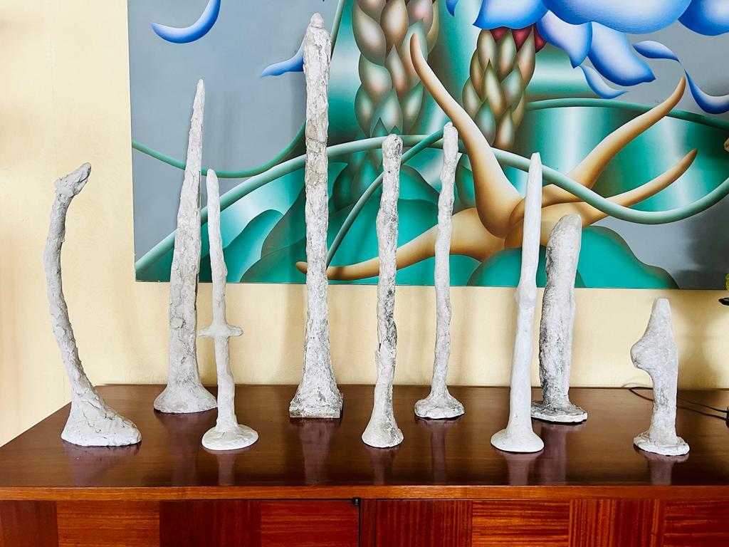 Late 20th Century Remo Bernucci 1970 set of 9 totens in plaster and wood polychrome sculpture. For Sale