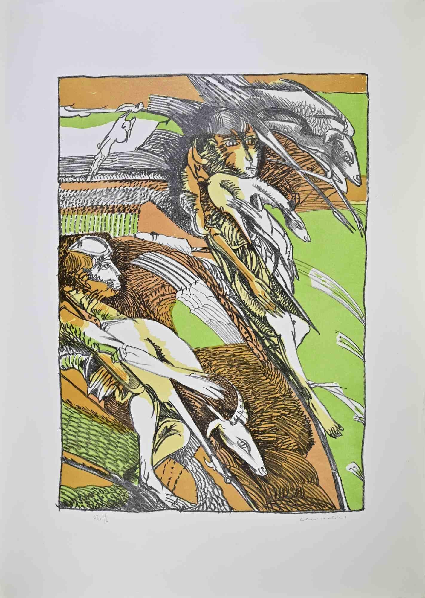 The shepherds  is a contemporary artwork realized by Remo Brindisi in  the 1980s.

Screenprint on paper. Hand signed on the right margin. Edition XLVII/L prints. 

In very good conditions.

Colorful and touching artwork representing a genre