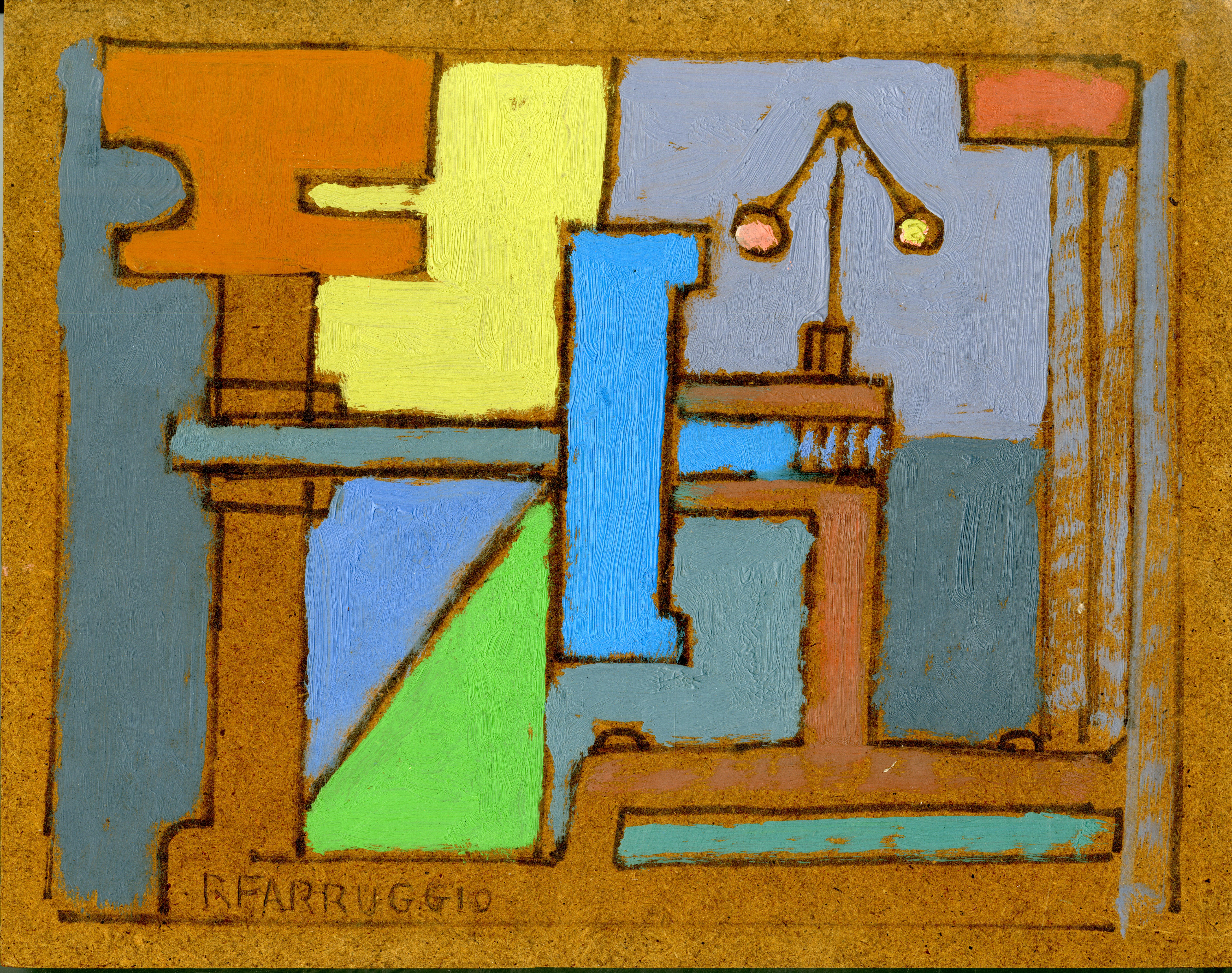 Remo Farruggio
Blue Machine, ca. 1949
Original oil painting on masonite
Signed on the front and titled on the back
7 1/2 × 9 1/2 inches
Unframed
This is mid century modern oil painting entitled "The Blue Machine", by the renowned Italian born