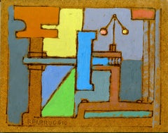 Remo Farruggio, Blue Machine, mid century modern abstract painting signed titled