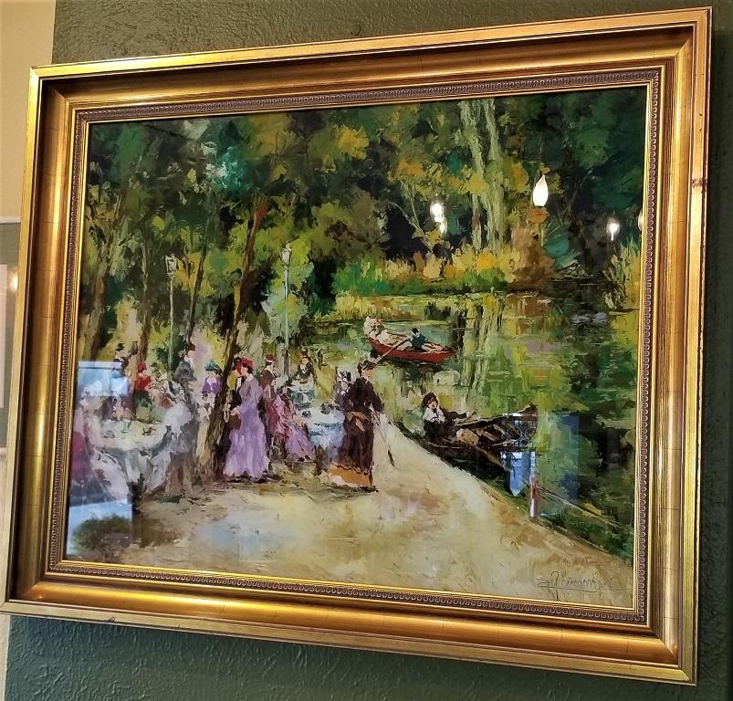 Presenting a stunning piece of original and highly desirable fine art, namely Remo Mario Trentini reverse oil on glass of a Parisienne picnic and riverside scene.

Remo Mario Trentini (1915-1999) was a Dallas Surrealist Artist originally born in