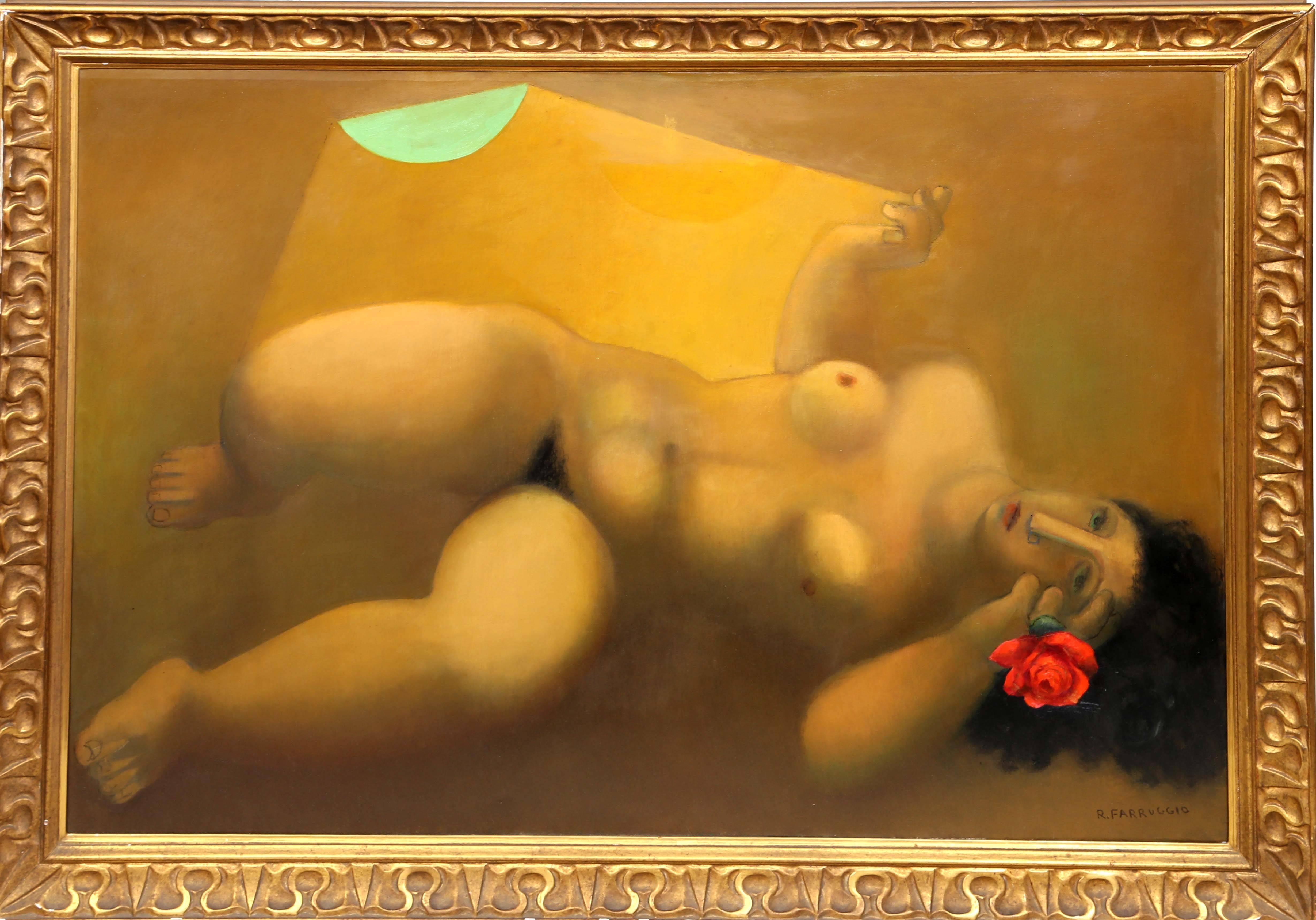 Künstler:  Remo Farruggio, Italiener/Amerikaner (1904 - 1981)
Titel:  Liegender Akt mit Rose
Jahr:  um 1970 
Medium:  Öl auf Leinwand, signiert v.l.n.r.
Größe:  37.5  x 52.25 in. (95.25  x 132.72 cm)
Rahmen: 43,5 x 58,5 Zoll