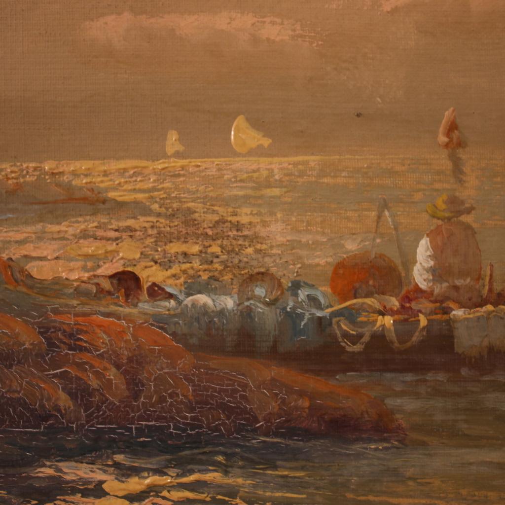 20. Jahrhundert Seelandschaft Italienisch Signiert Remo Testa Gemälde Fischer bei Sonnenuntergang im Angebot 10