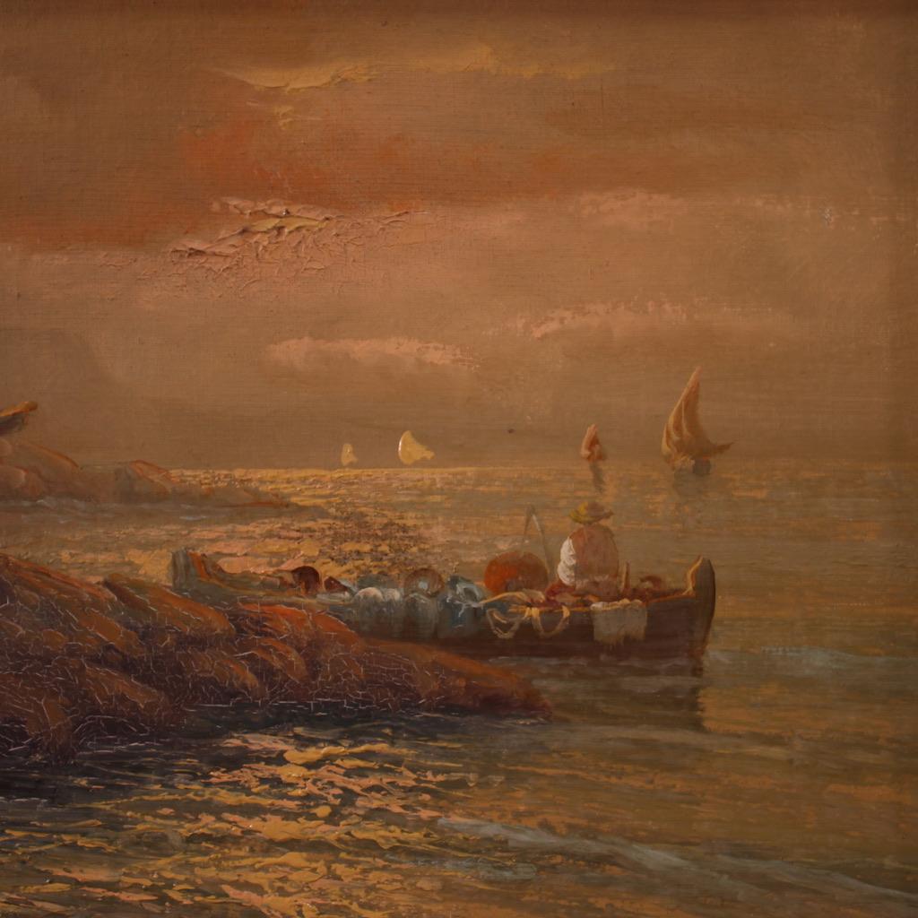 20. Jahrhundert Seelandschaft Italienisch Signiert Remo Testa Gemälde Fischer bei Sonnenuntergang im Angebot 7