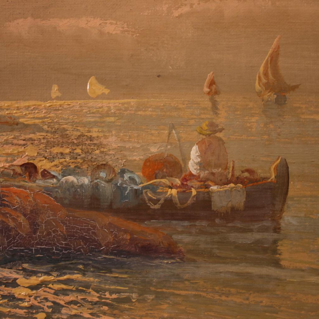 20. Jahrhundert Seelandschaft Italienisch Signiert Remo Testa Gemälde Fischer bei Sonnenuntergang im Angebot 8