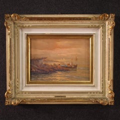 20th Century Seascape Italian Signed Remo Testa Painting Fishermen at Sunset