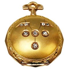 Antique Remontoir Cylindre 10 Rubis Woman's Swiss Pocket Watch 14 Carat Gold Diamonds