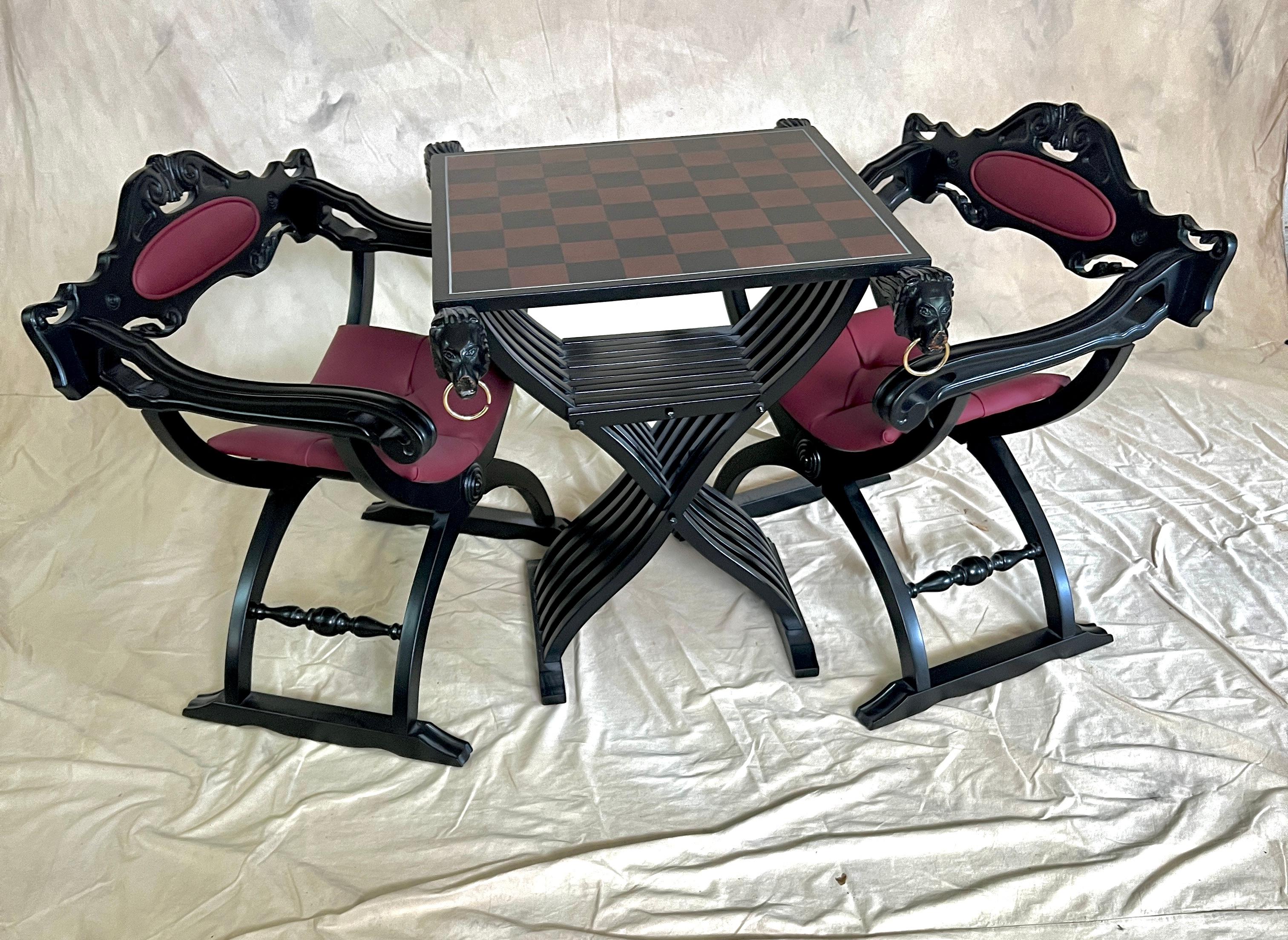 A unique game board and chairs.  The Chairs, table and board have all been recently refinished and are in very good condition.  

The table is comprised of a succession of wood cut in a curved, handsome pattern, the board on the top is removable to