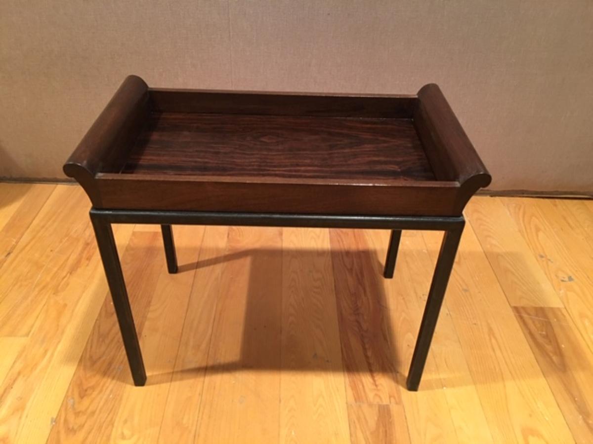 Removable tray side table in solid walnut.
Maccassar ebony on tray top service with solid walnut frame surrounding.
Can be customized with three different metal base materials:
Patinated steel (shown, bronze, or polished stainless steel).