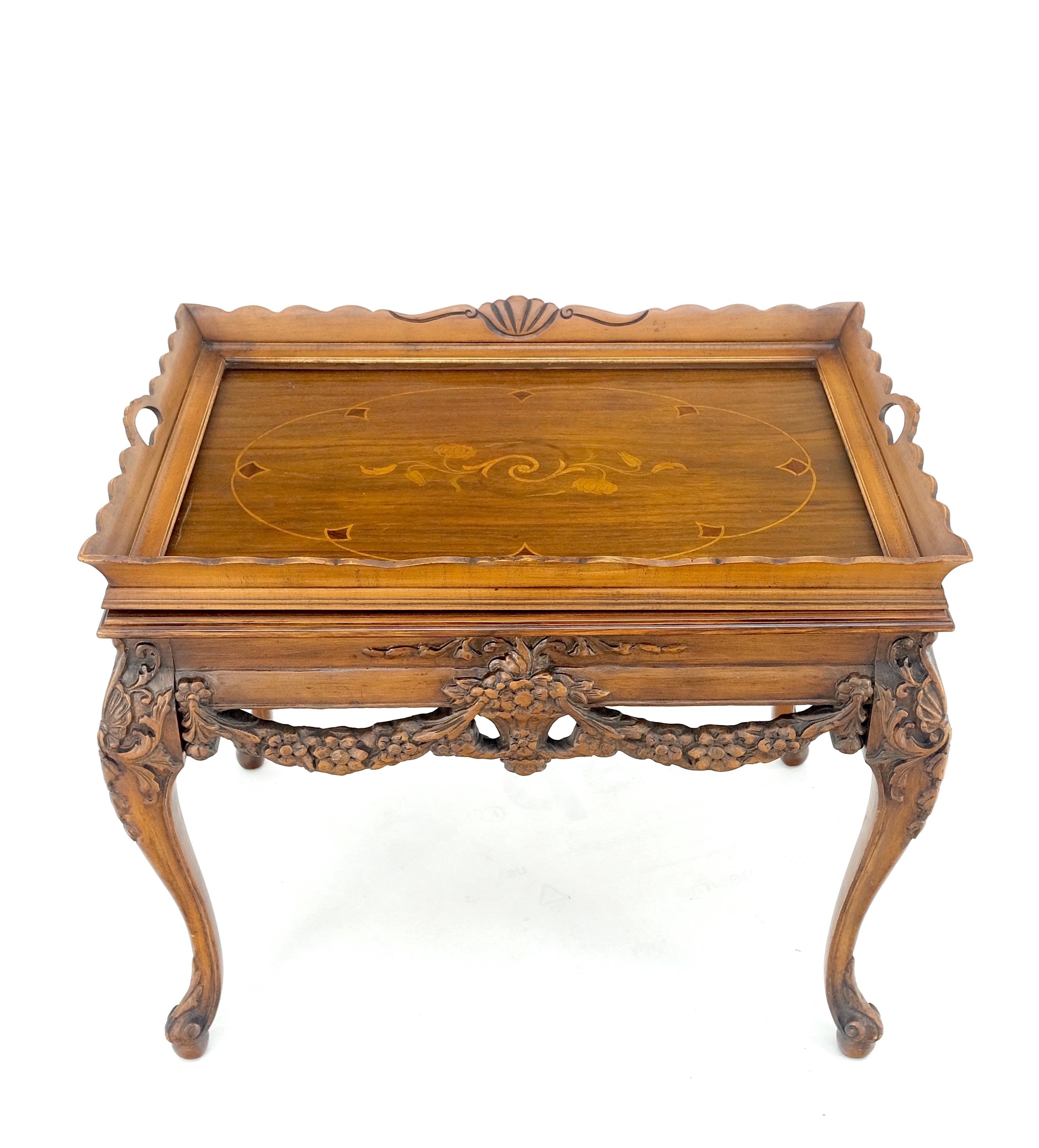 Lacquered Removable Tray Top Pierce Carved Inlayed Walnut Side End Table Stand Mint! For Sale