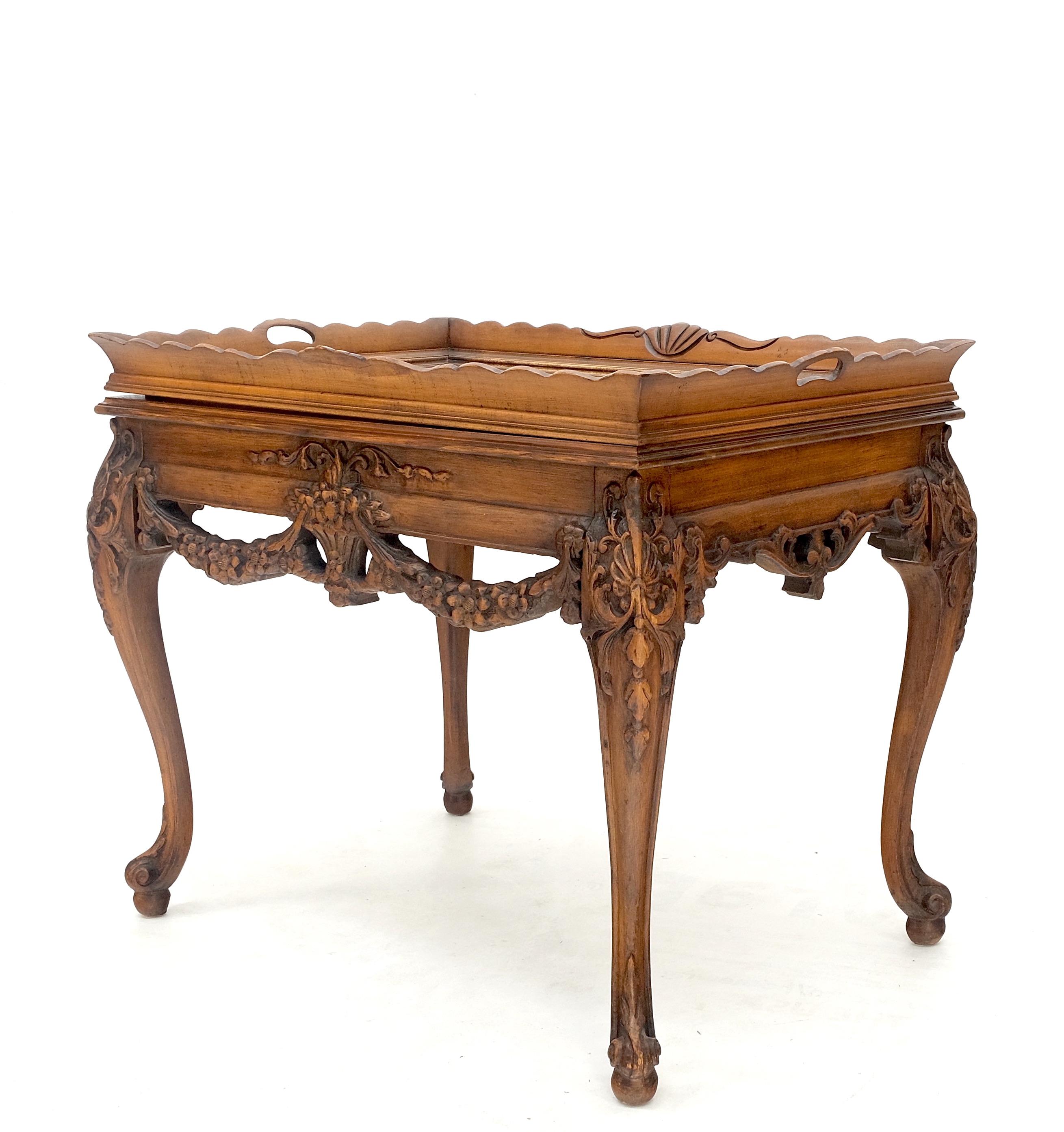 Removable Tray Top Pierce Carved Inlayed Walnut Side End Table Stand Mint! In Good Condition For Sale In Rockaway, NJ