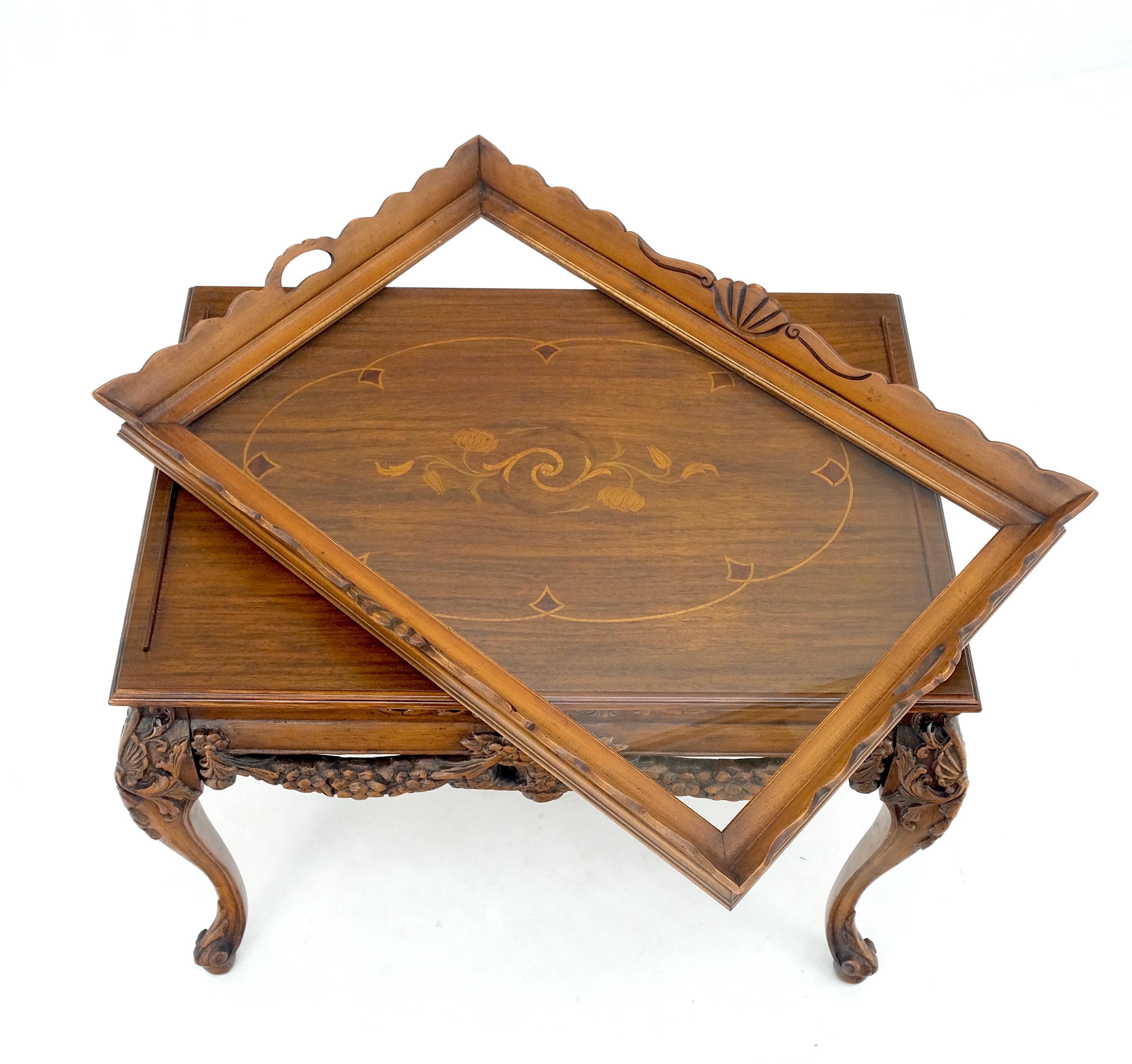 Removable Tray Top Pierce Carved Inlayed Walnut Side End Table Stand Mint! For Sale 1