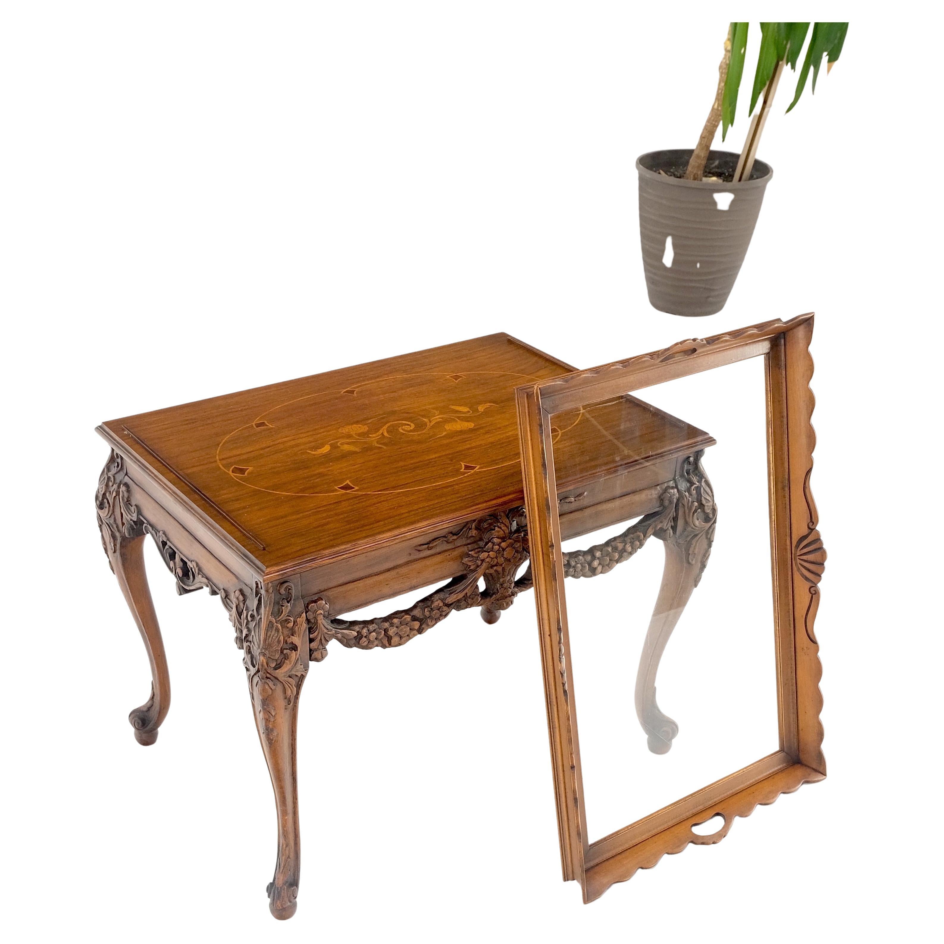 Removable Tray Top Pierce Carved Inlayed Walnut Side End Table Stand Mint! For Sale