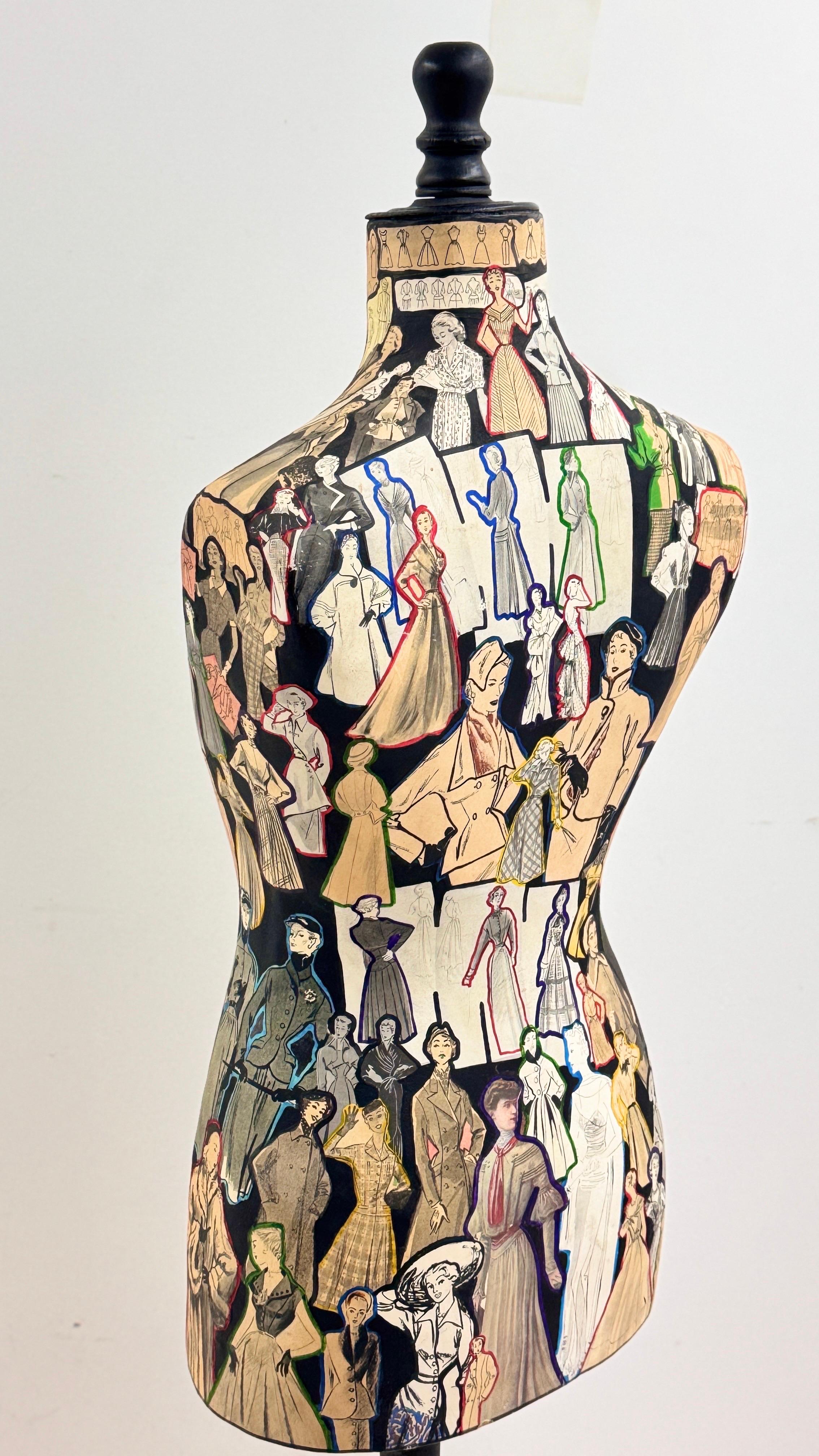 Busto di manichino rimovibile in legno con collage di moda, Parigi, anni '60 in vendita 3
