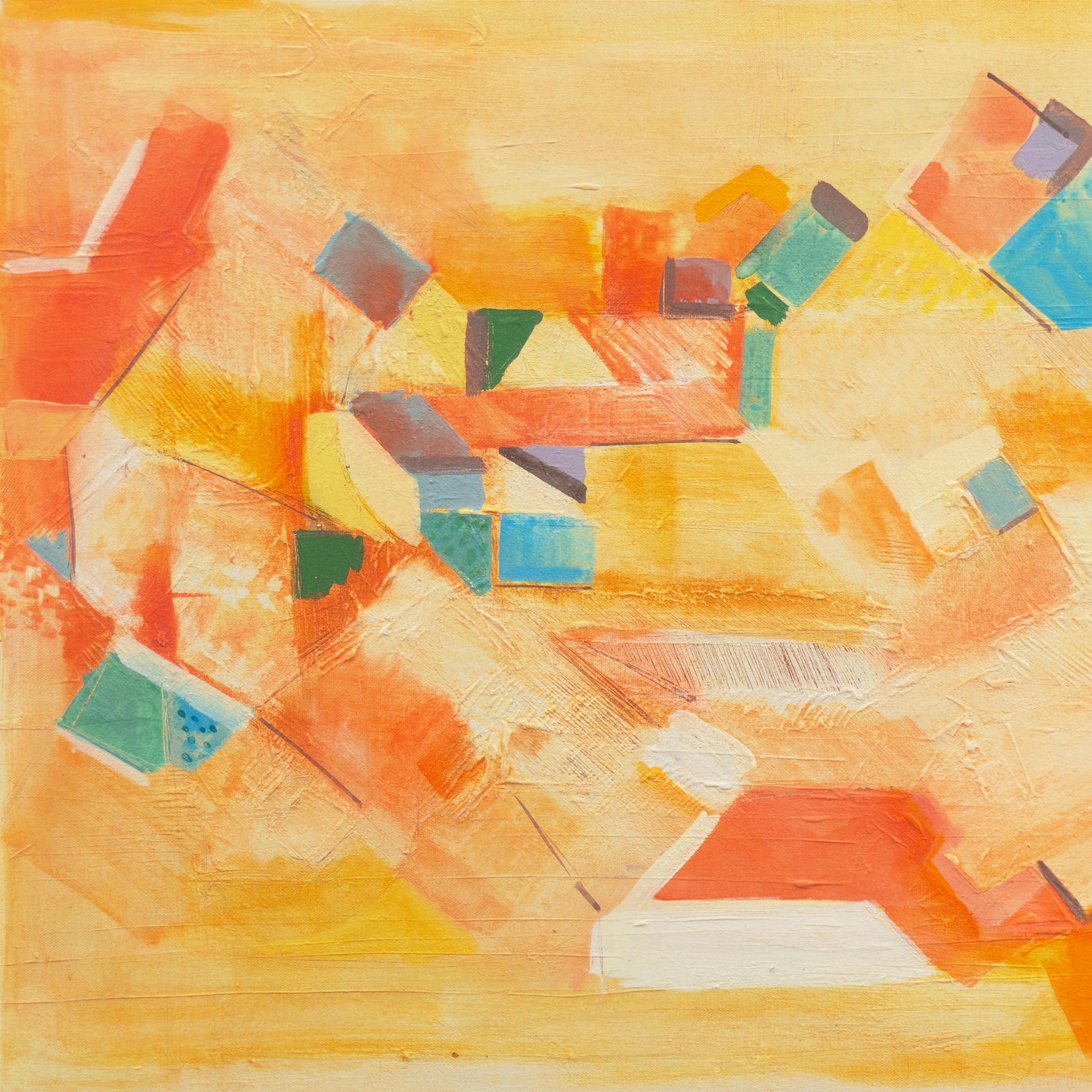 „Village in Provence“, großes französisches geometrisches abstraktes Ölgemälde, Palo Alto-Galerie (Orange), Abstract Painting, von Remy Aron