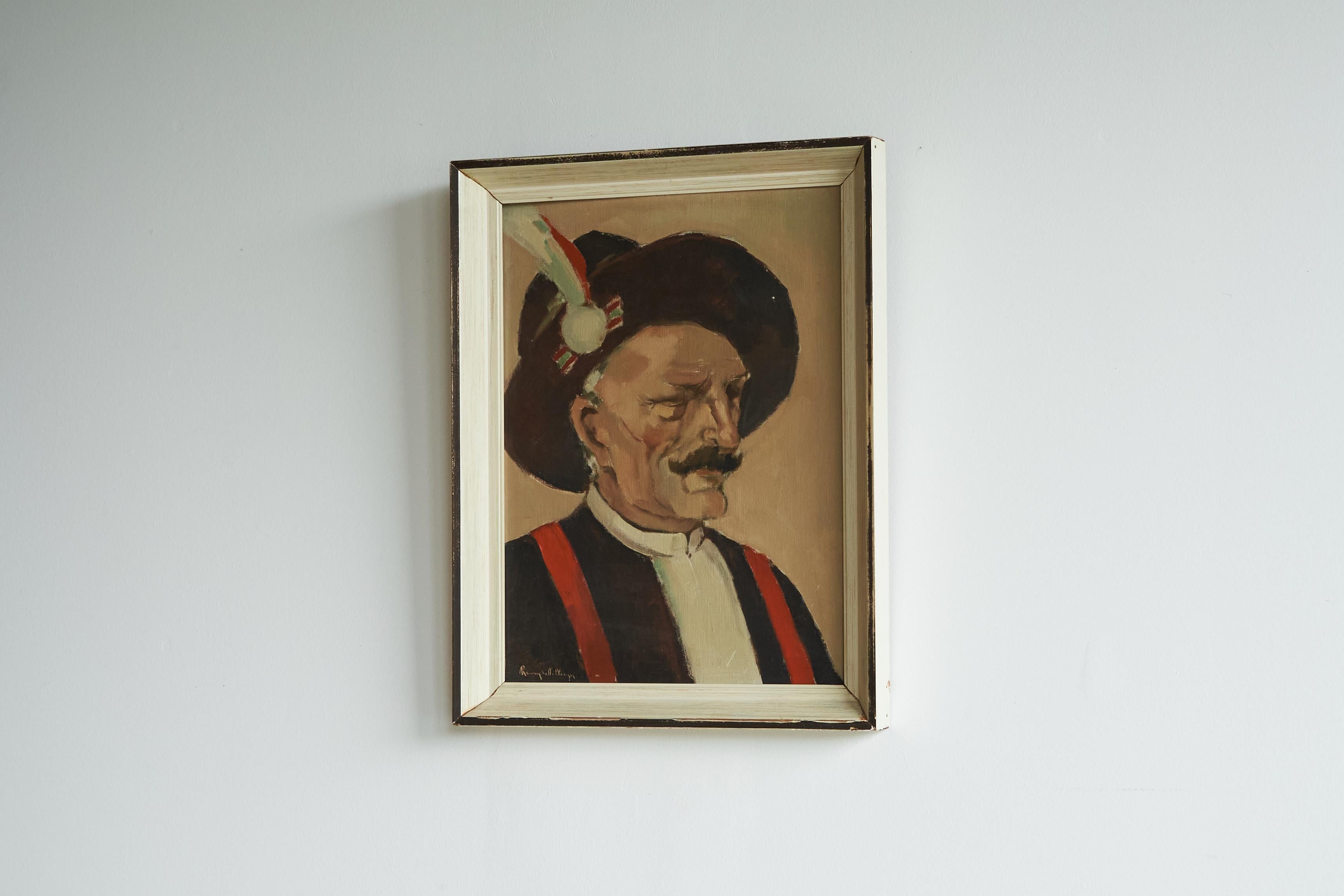 Hand-Crafted Remy de Pillecyn 'Man met hoed' Oil on Canvas Belgium 1964 For Sale