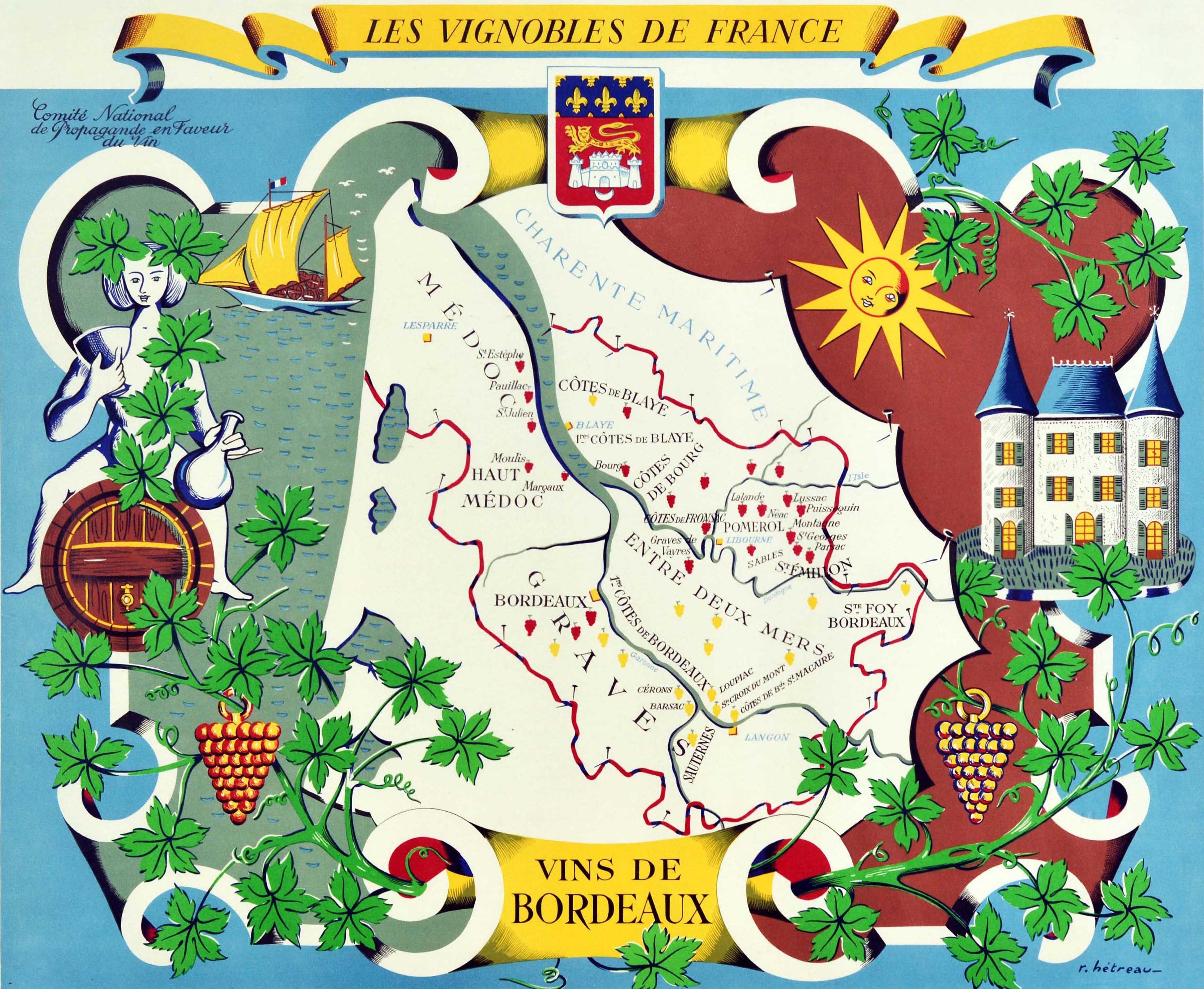 Original Vintage Poster Vignobles De France Vineyards Vins De Bordeaux Wine Map - Print by Rémy Hetreau