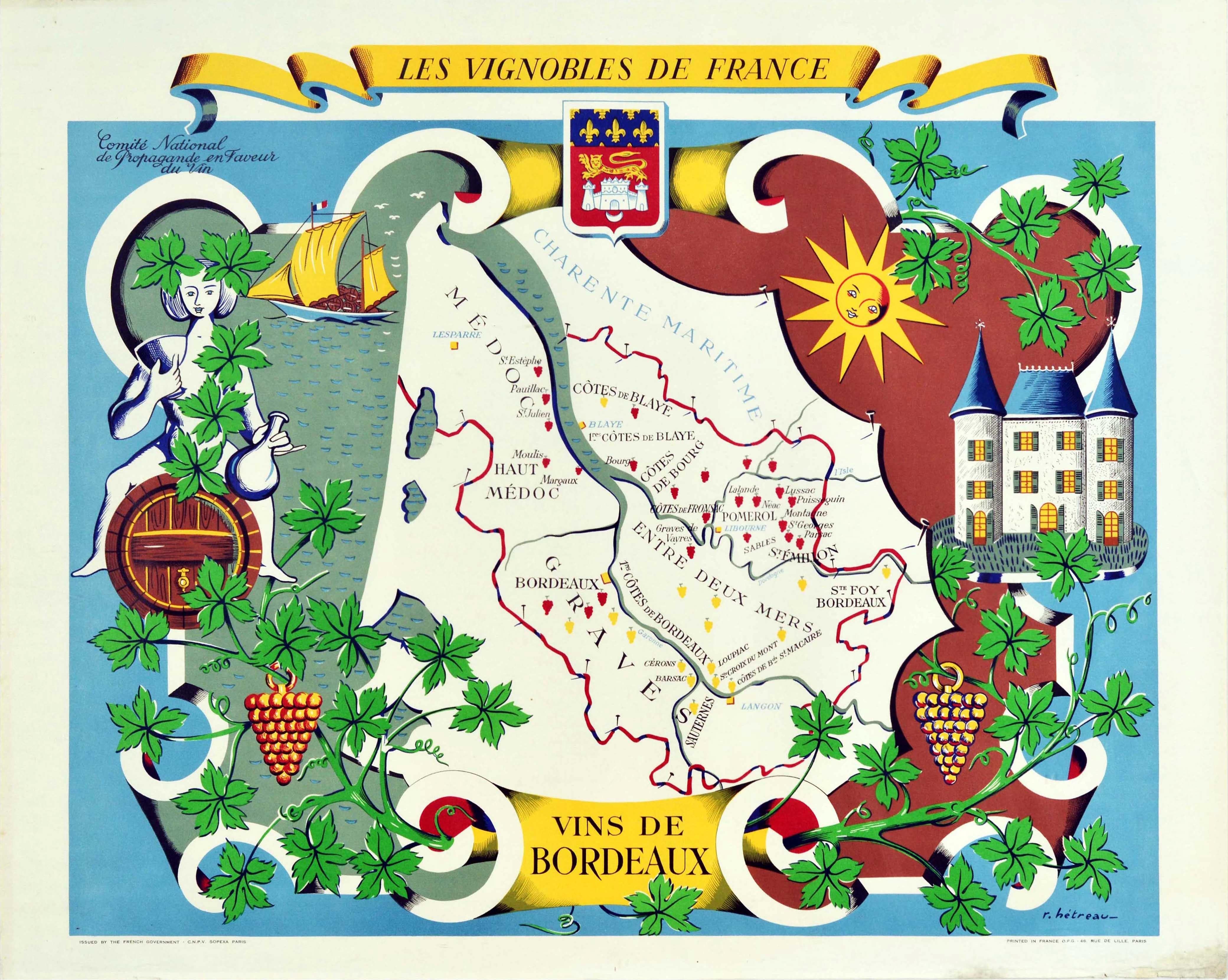 Rémy Hetreau Print - Original Vintage Poster Vignobles De France Vineyards Vins De Bordeaux Wine Map