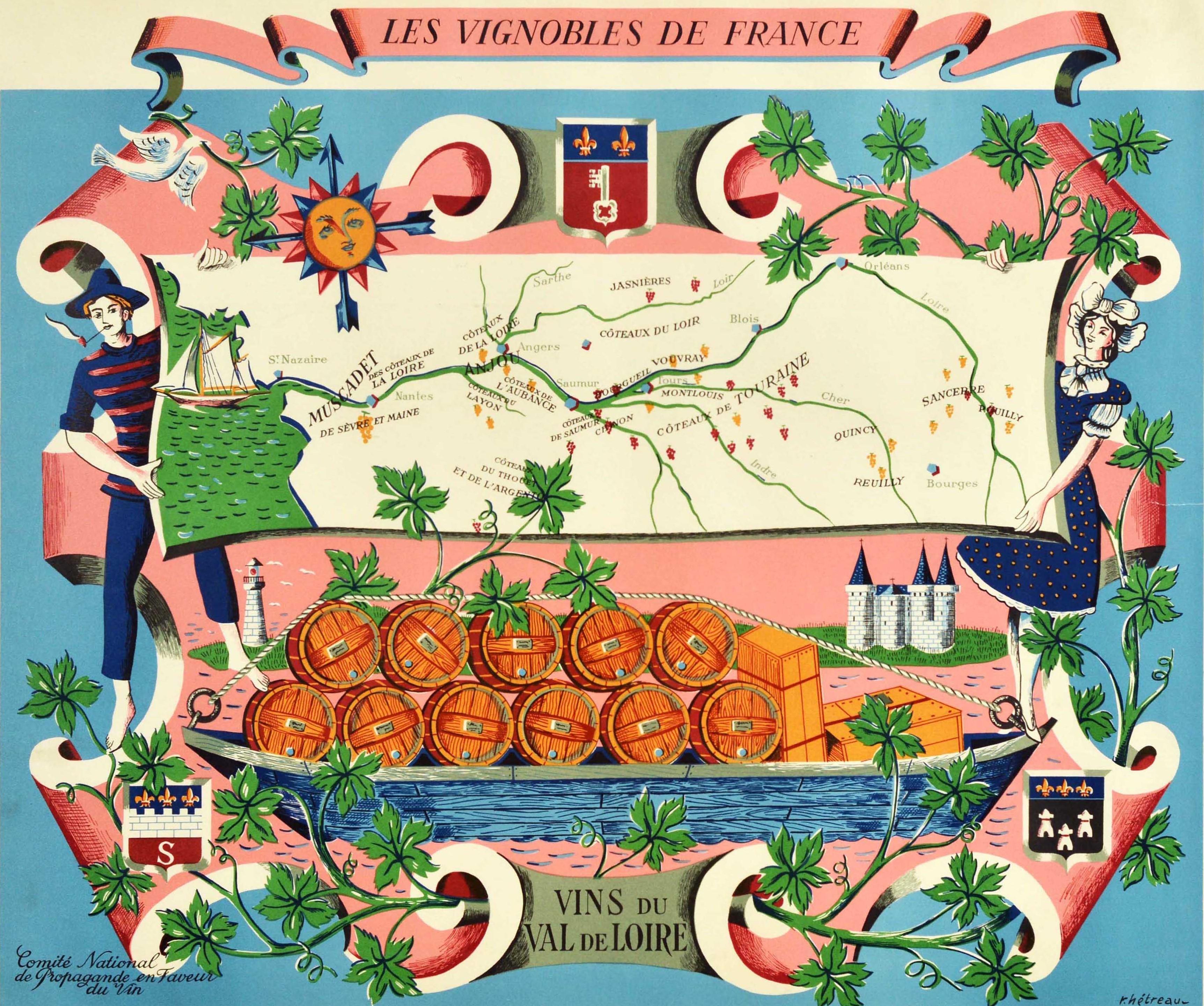 Original Vintage-Poster Vignobles De France Vins Du Val De Loire Weinkarte – Print von Rémy Hetreau
