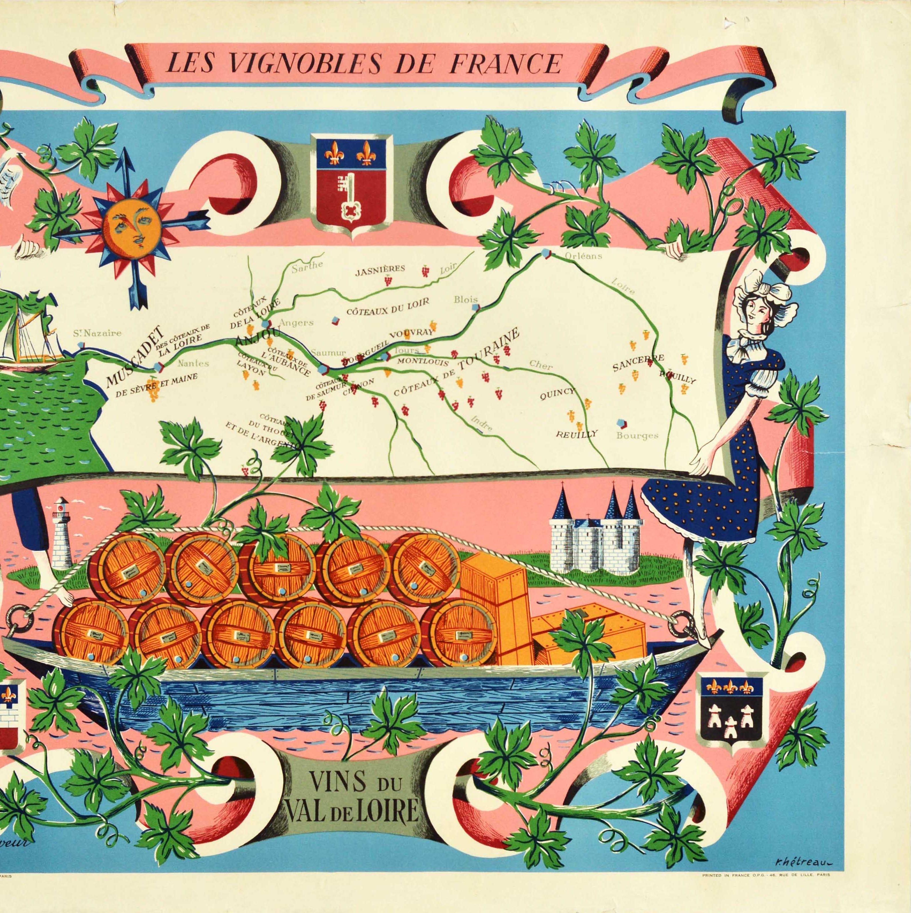 Original-Getränke-Werbeplakat für französische Weine (aus einer Serie des Comite National de Propagande en Faveur du Vin, dem nationalen Komitee zur Förderung des Weines): Les Vignobles de France Vins du Val de Loire / The French Vineyards Wines of