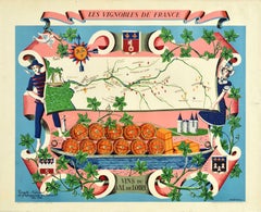 Affiche vintage d'origine, Vignobles de France, Vins du Val de Loire, Carte des vins