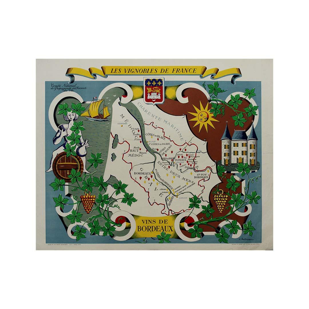 This stunning illustrated wine map, created by French artist Rémy Hétreau in the 1950s, is a beautifully detailed tribute to the legendary Bordeaux wine region. Commissioned by the Comité National de Propagande en Faveur du Vin, the poster is both