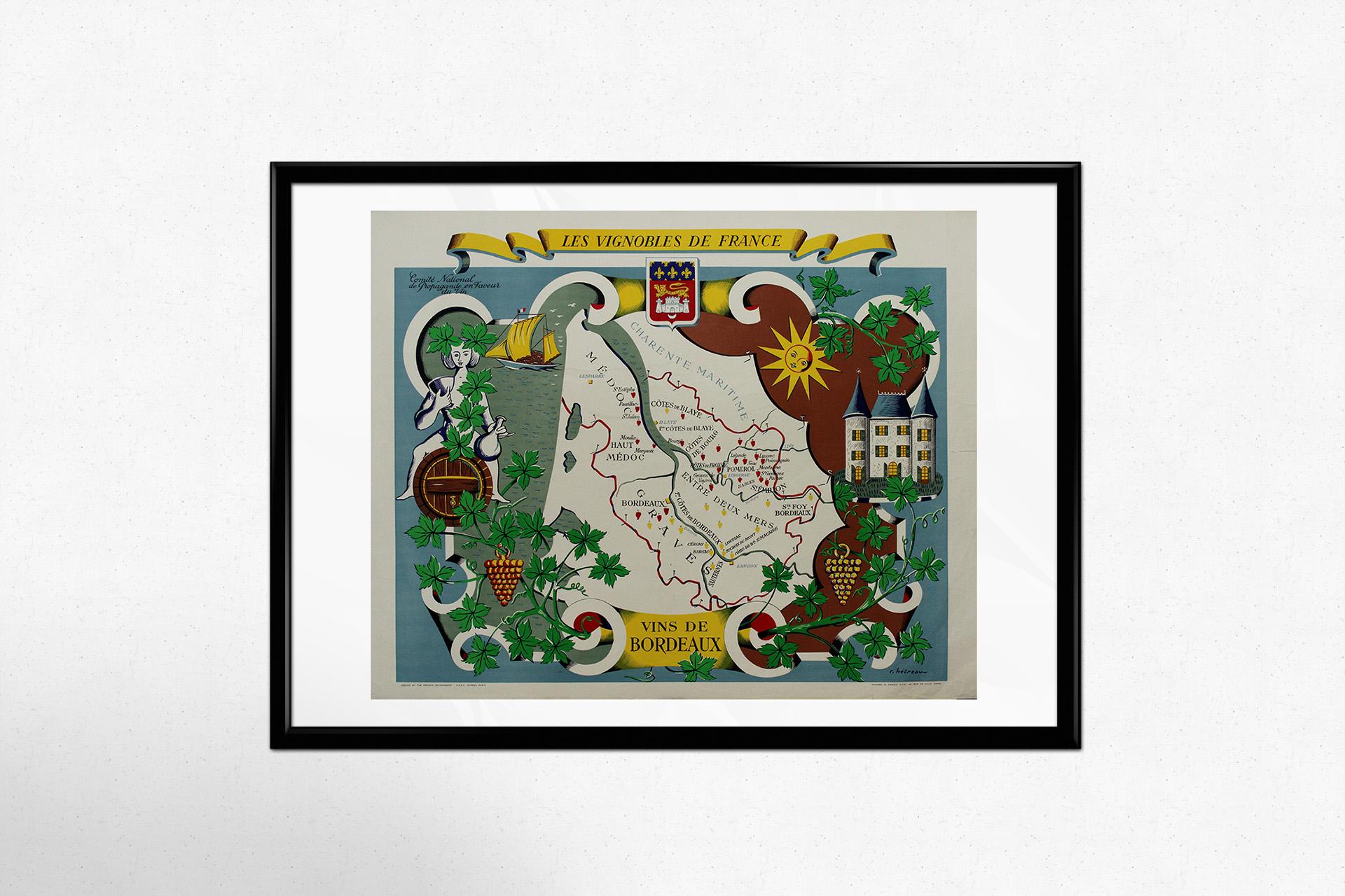Stunning illustrated wine map by French artist Rémy Hétreau in the 1950s For Sale 2