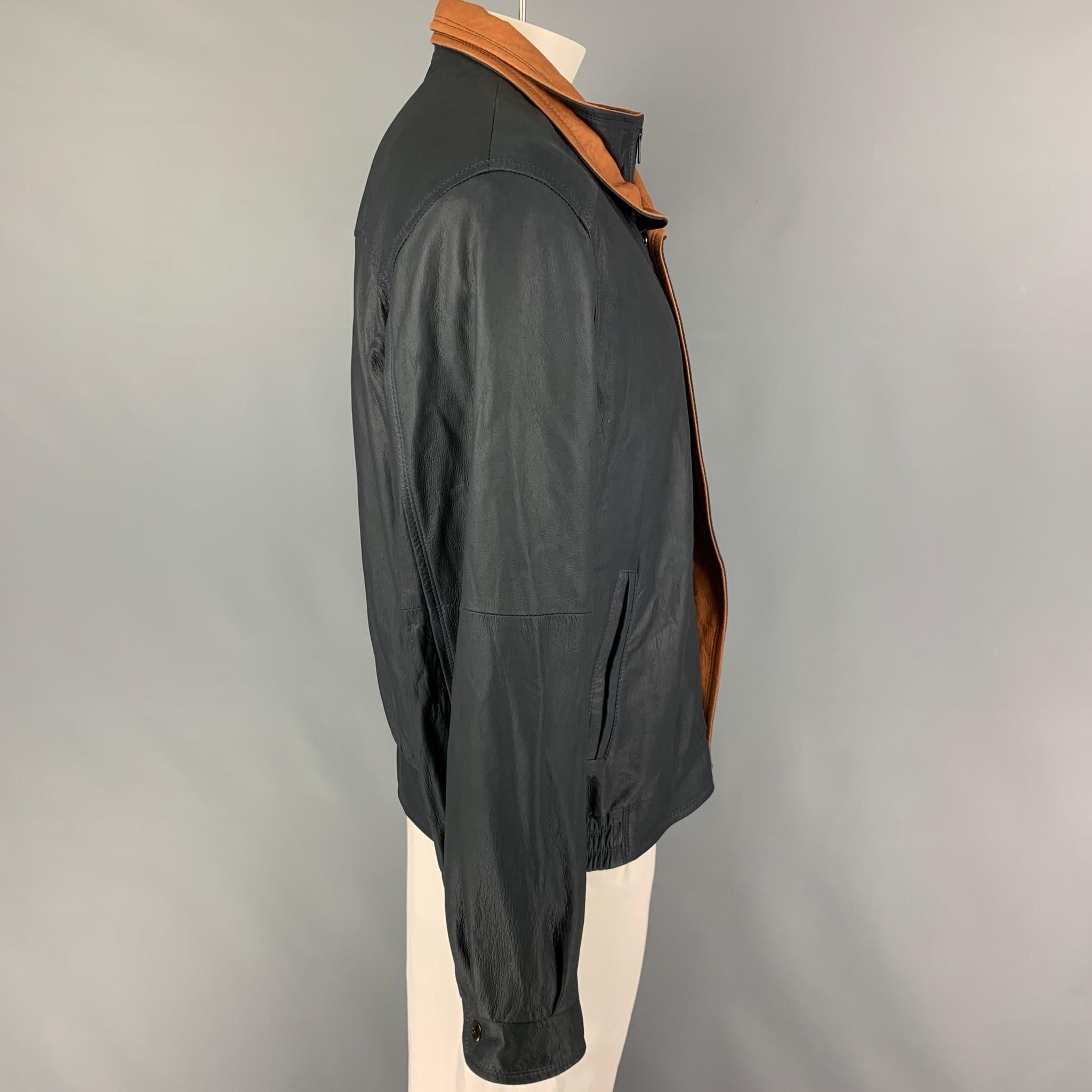 REMY Size 42 Navy Tan Leather Zip Up Jacket In Good Condition In San Francisco, CA
