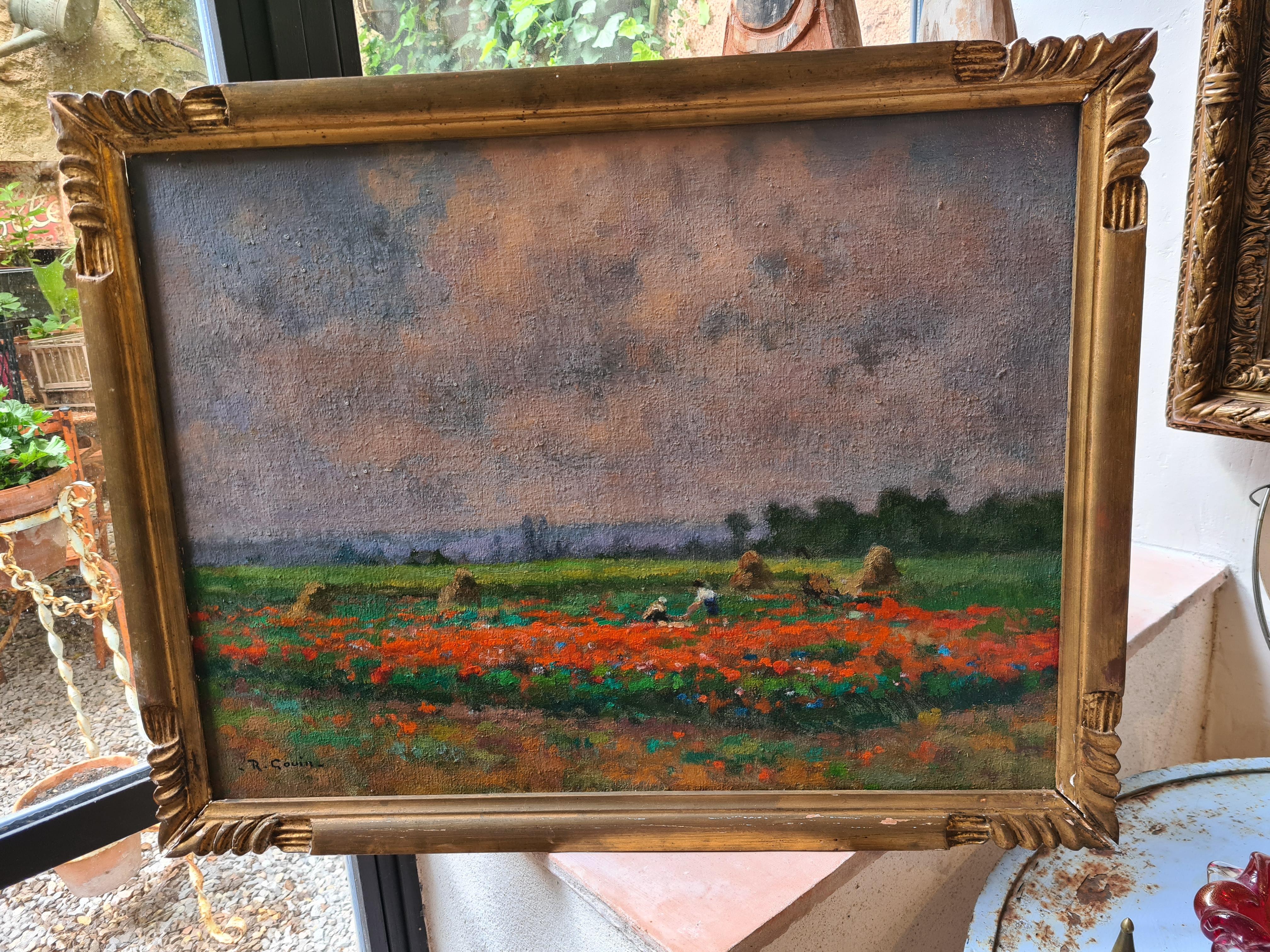 Paisaje impresionista francés al óleo sobre lienzo, El campo de amapolas 5