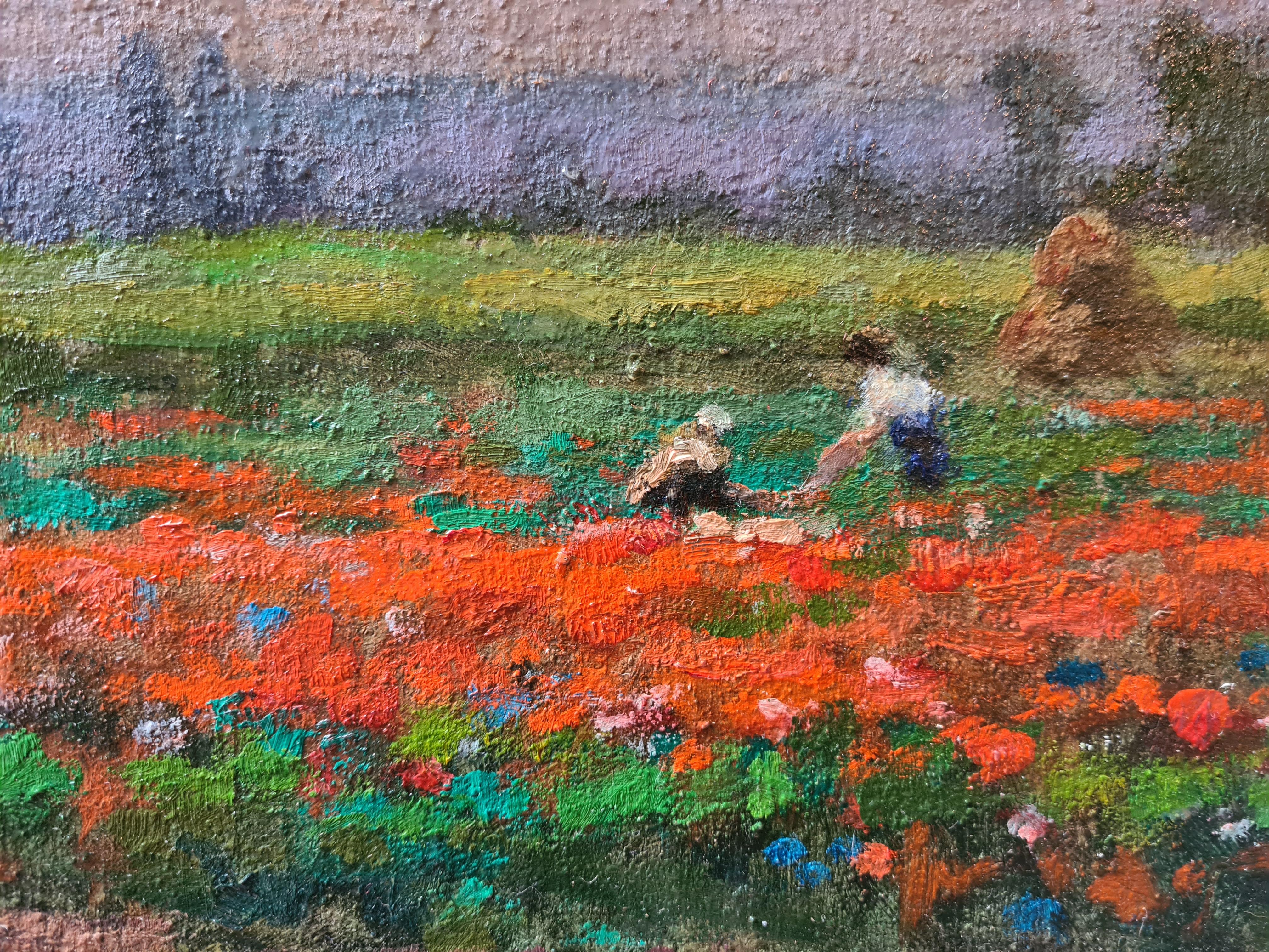 Paisaje impresionista francés al óleo sobre lienzo, El campo de amapolas 3
