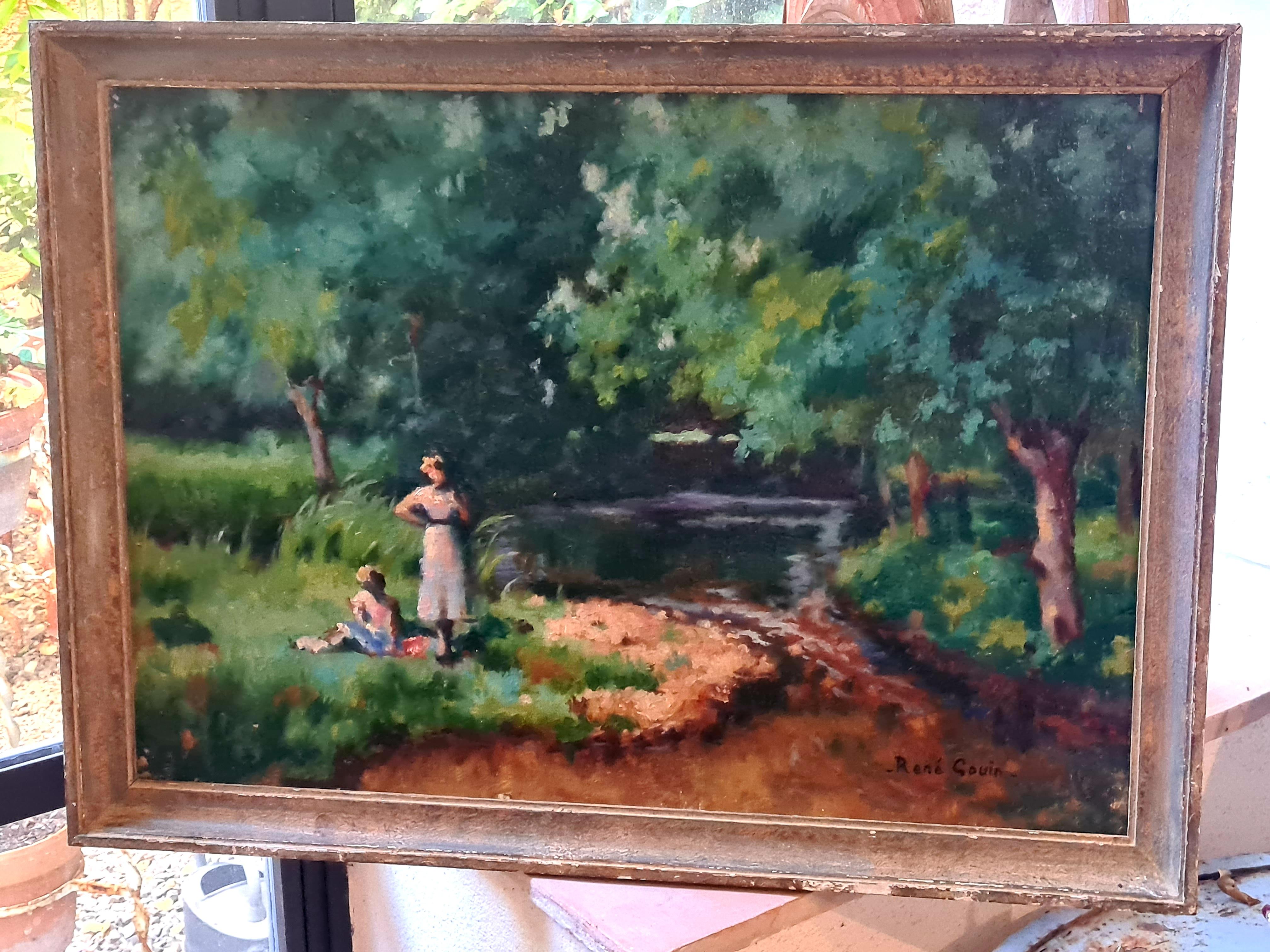 Huile sur toile impressionniste française, Pique-nique au bord de la rivière Déjeuner sur l'herbe en vente 7