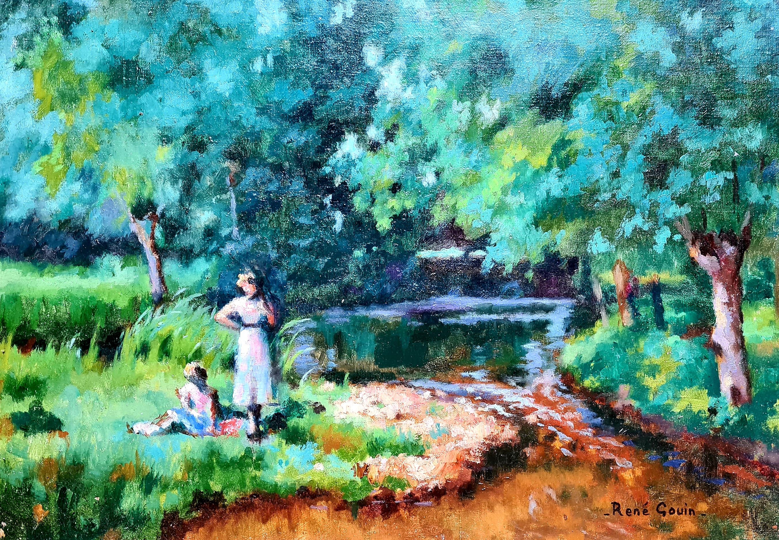 Huile sur toile impressionniste française, Pique-nique au bord de la rivière Déjeuner sur l'herbe - Painting de René Albert Raphaël Gouin 
