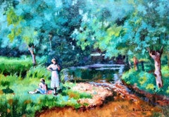 French Impressionist Oil on Canvas, Picnic by the Riverbank Dejeuner Sur l'Herbe