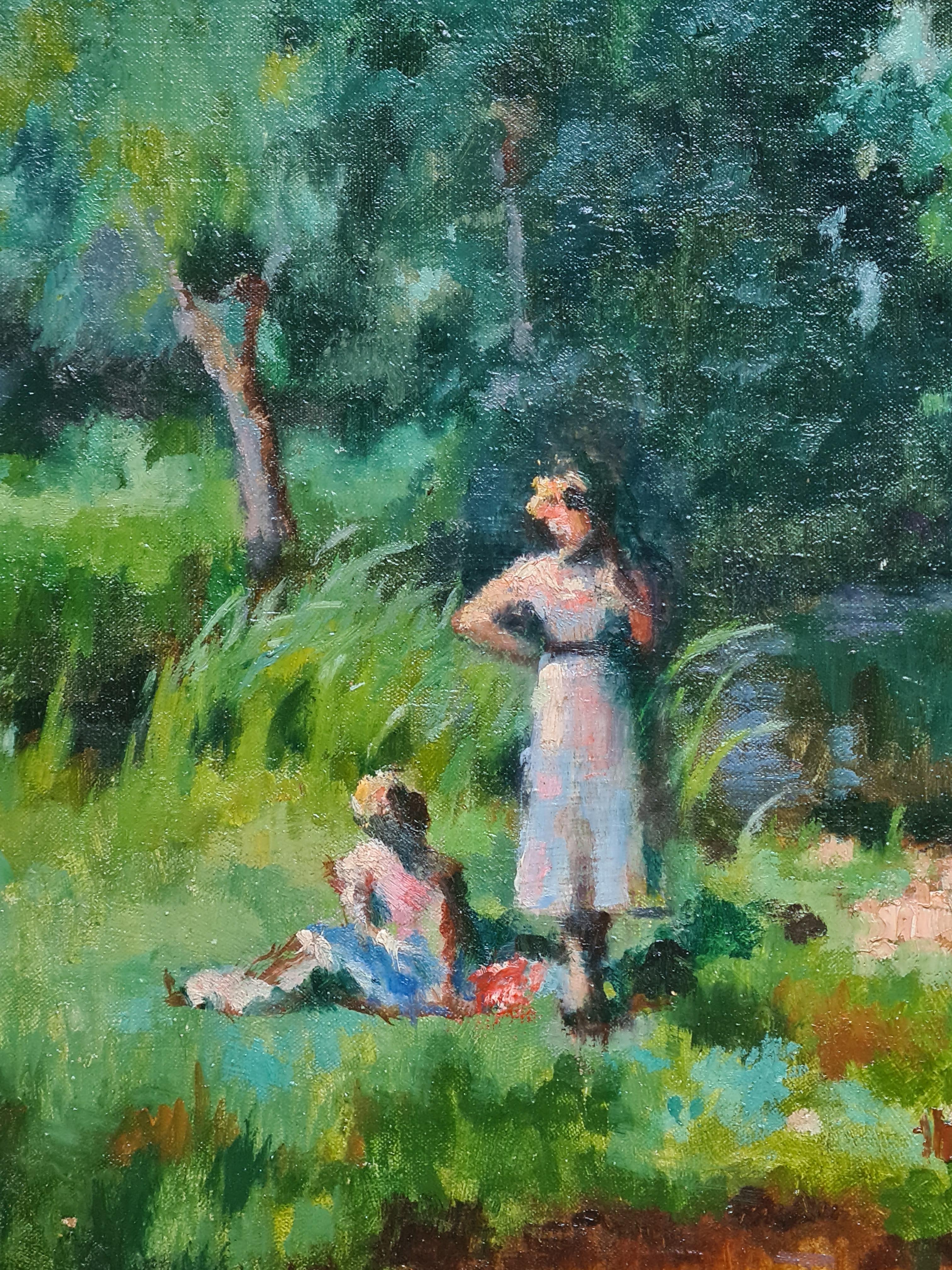 Huile sur toile impressionniste française, Pique-nique au bord de la rivière Déjeuner sur l'herbe - Autres styles artistiques Painting par René Albert Raphaël Gouin 