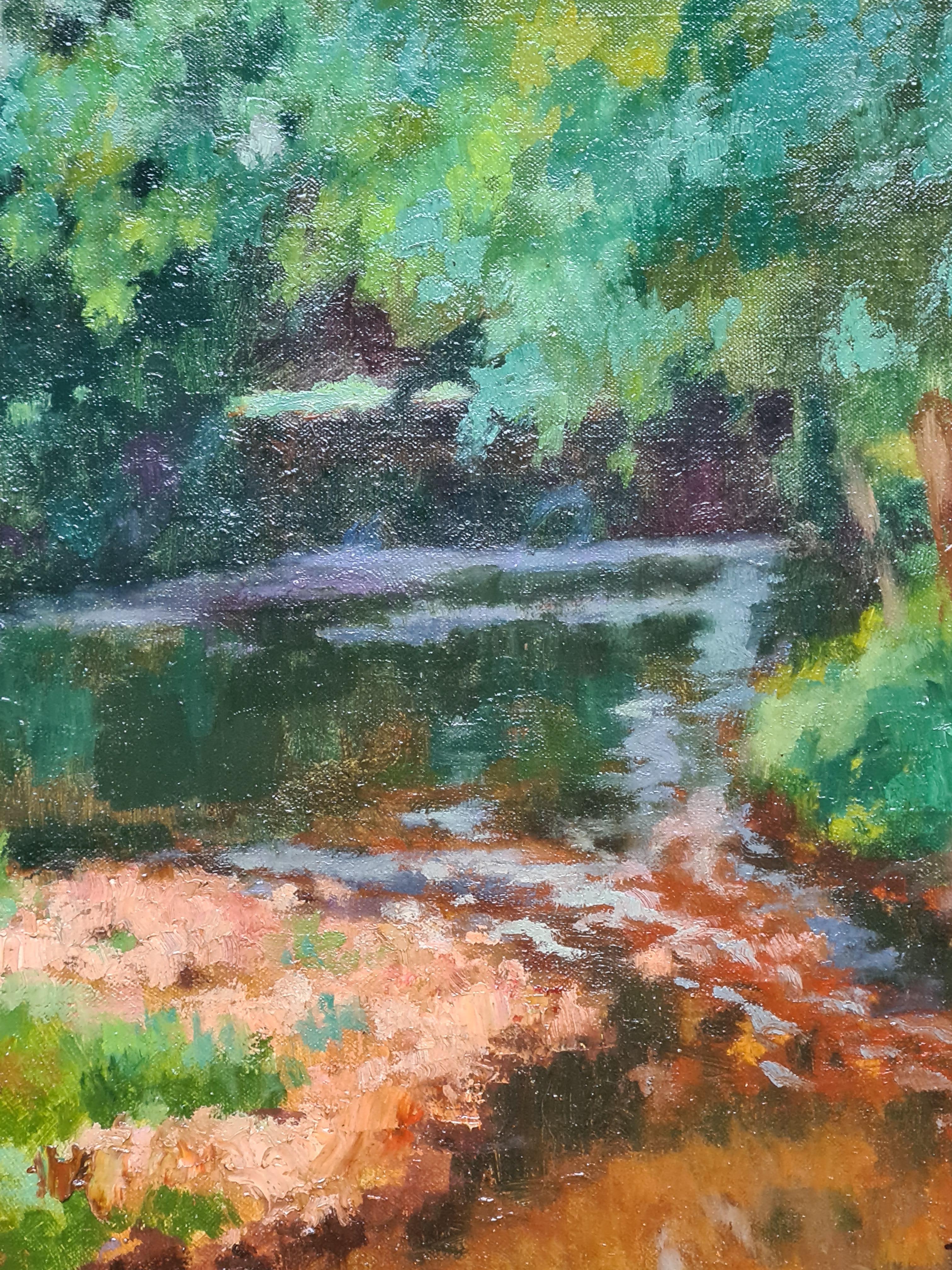 Huile sur toile impressionniste française, Pique-nique au bord de la rivière Déjeuner sur l'herbe - Gris Figurative Painting par René Albert Raphaël Gouin 