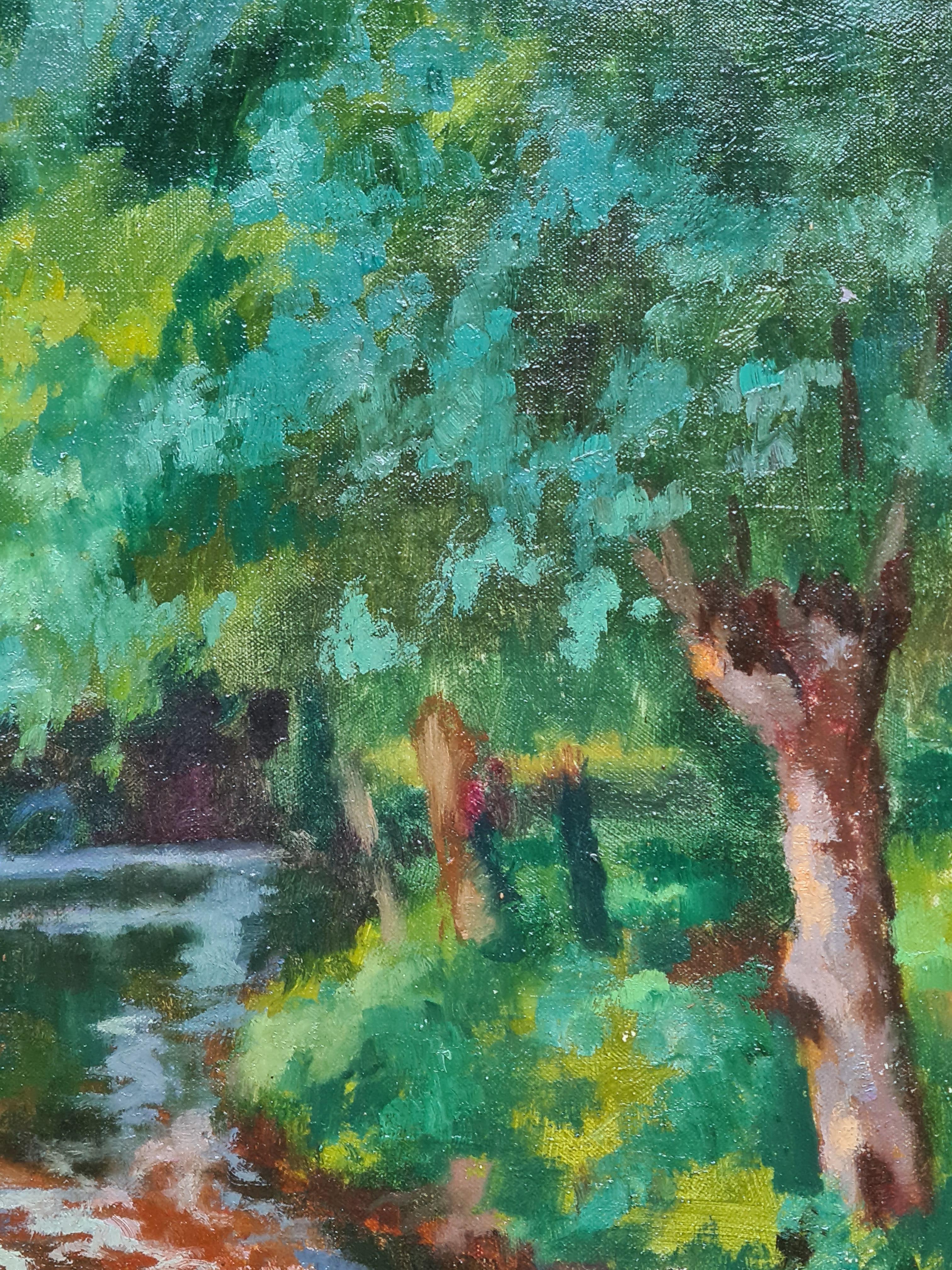 Huile sur toile impressionniste française, Pique-nique au bord de la rivière Déjeuner sur l'herbe en vente 1
