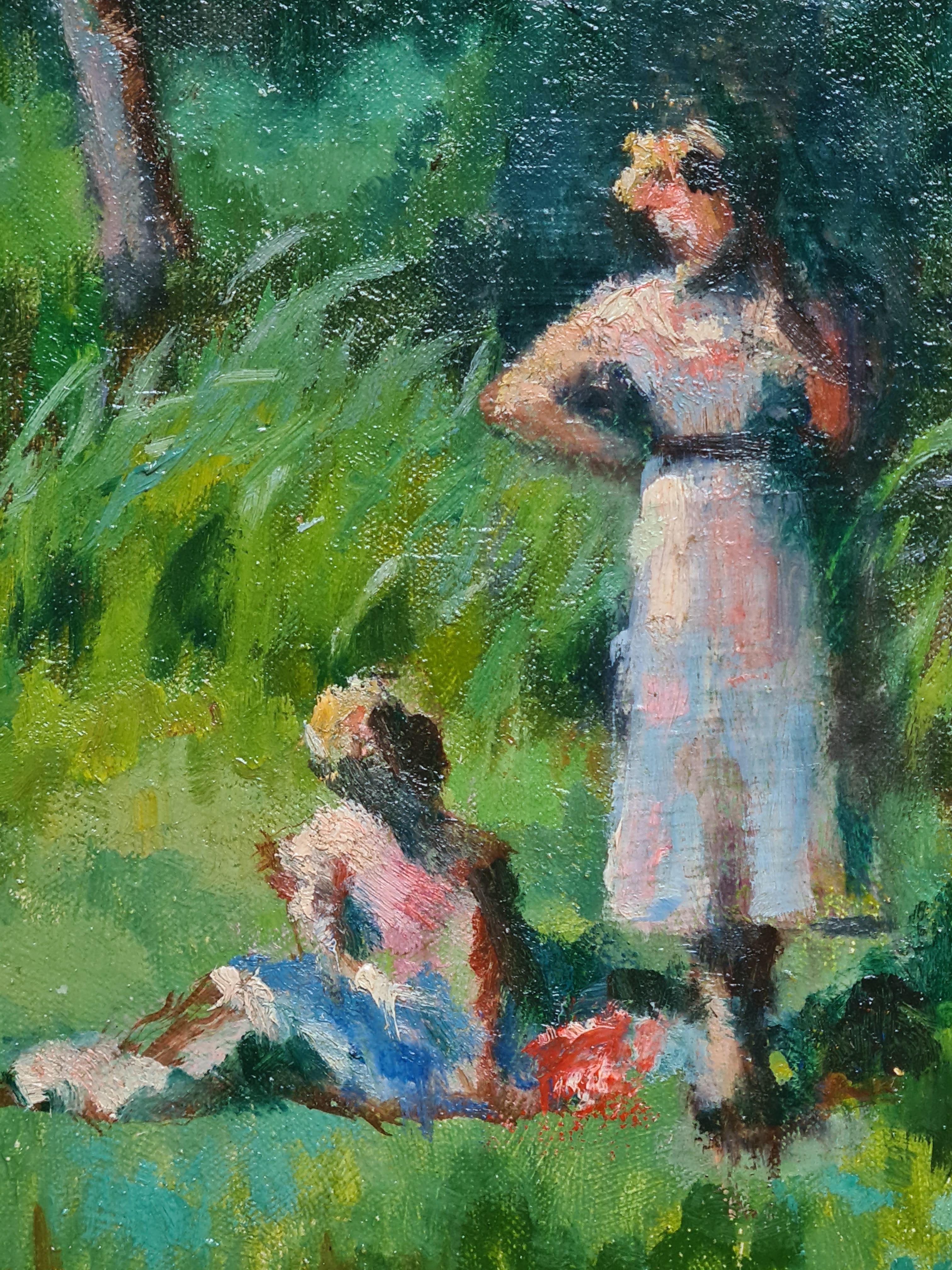 Huile sur toile impressionniste française, Pique-nique au bord de la rivière Déjeuner sur l'herbe en vente 3