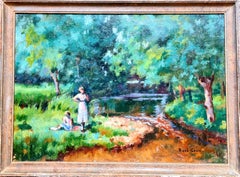 Huile sur toile impressionniste française, Pique-nique au bord de la rivière Déjeuner sur l'herbe