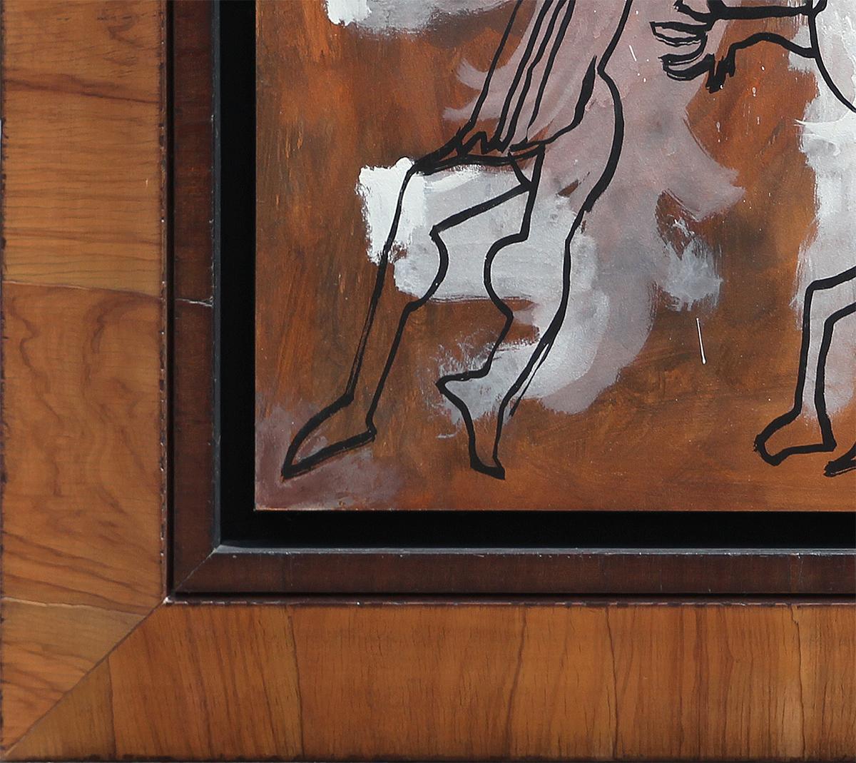 Modern neutral toned painting of three abstract figures by Cuban artist René Portocarrero. The work features a black outline of three dancing Carnival figures set against broad white and brown strokes. Signed and dated in front lower right corner.