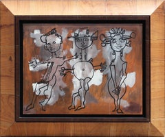 "Bailarinas de Carnaval" - Peinture moderne marron et noire représentant trois figures abstraites