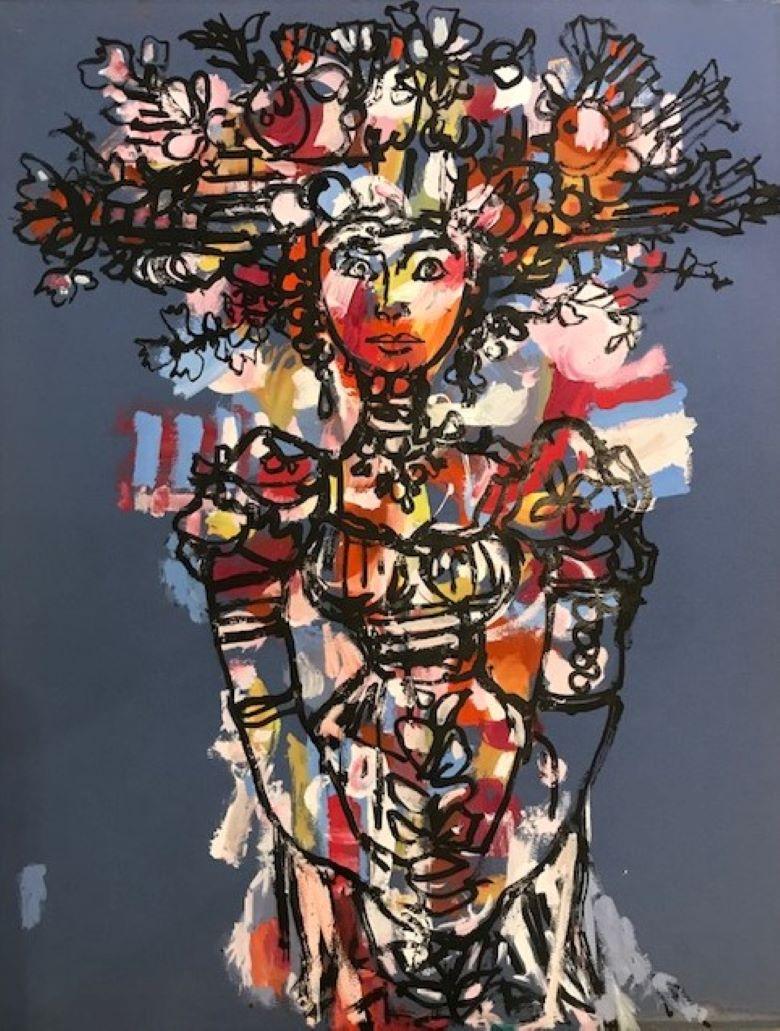 René Portocarrero Portrait Painting - Woman with Birds Nest, Cubist & Modern (1971)