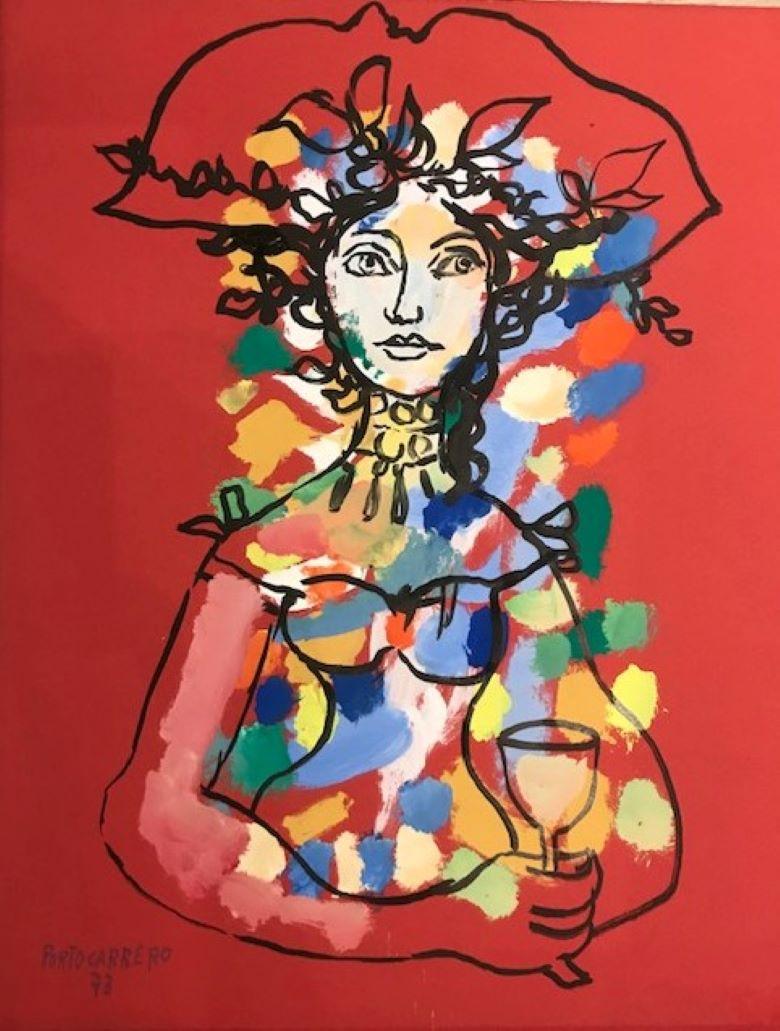 René Portocarrero Portrait Painting - Rene Portocarrero, Original Painting, Woman with Wine Glass