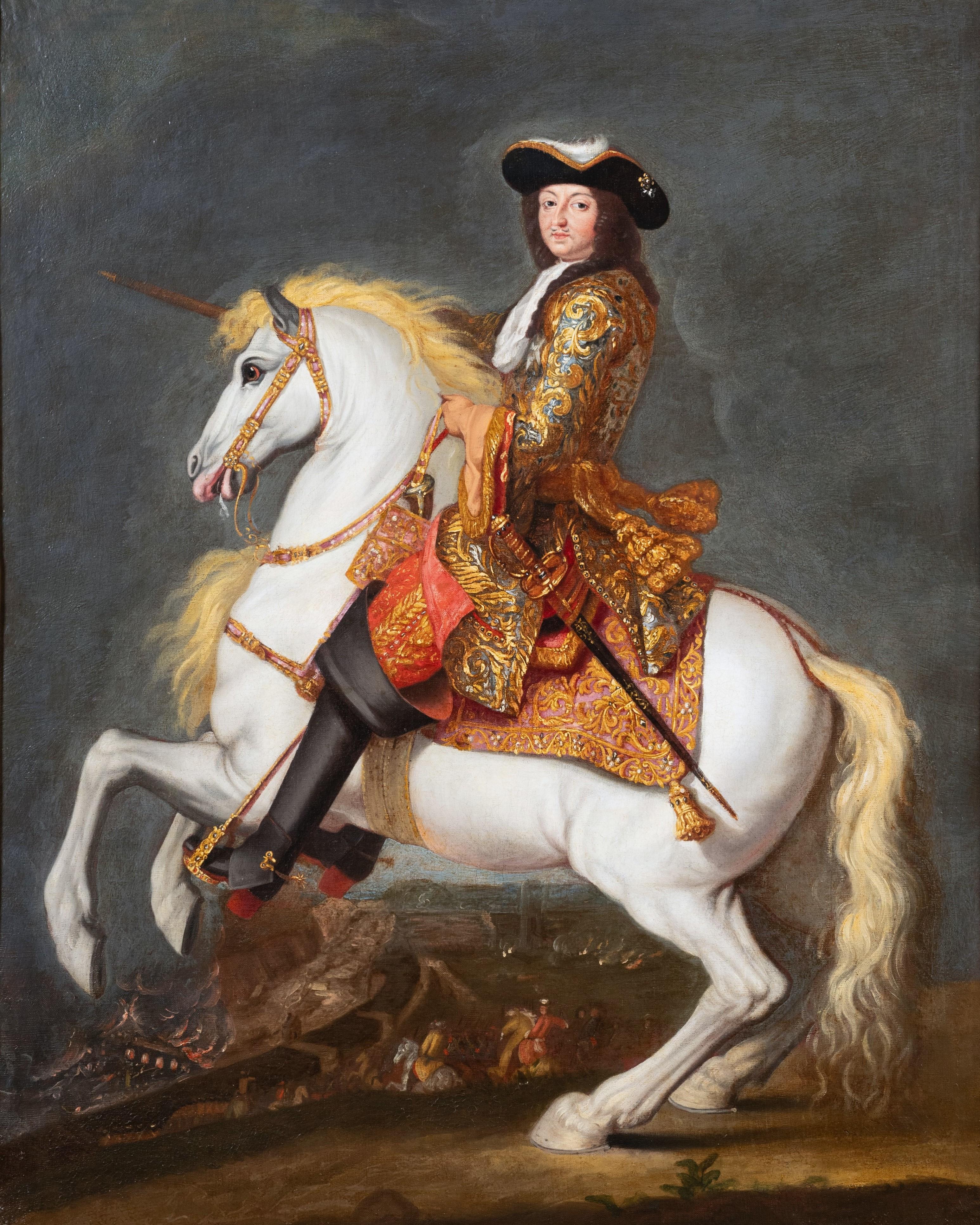 Ritratto equestre di Luigi XIV, bottega di René Antoine Houasse, 1690 ca. - Painting di René-Antoine Houasse