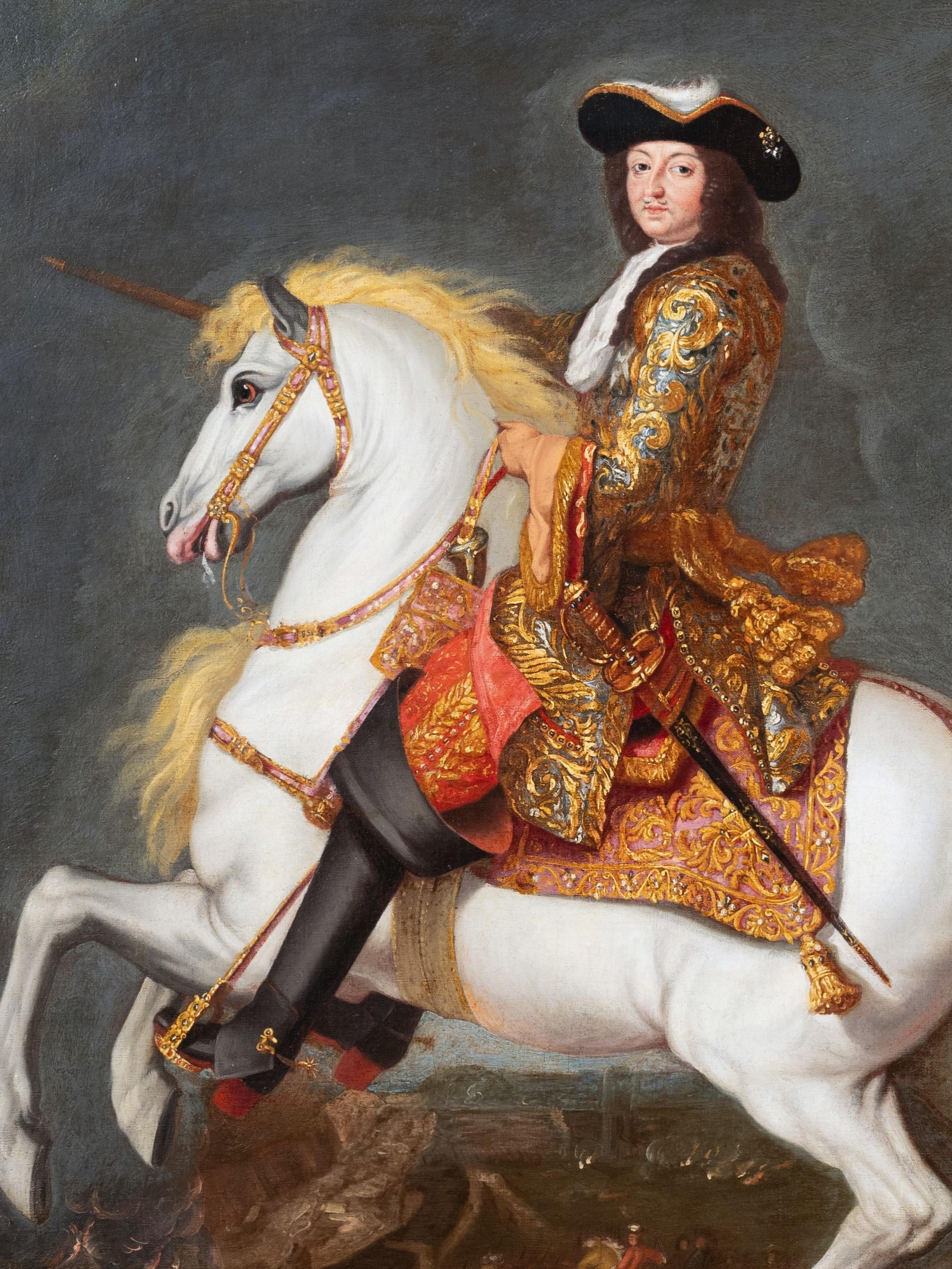 Ritratto equestre di Luigi XIV, bottega di René Antoine Houasse, 1690 ca. - Painting Antichi maestri di René-Antoine Houasse